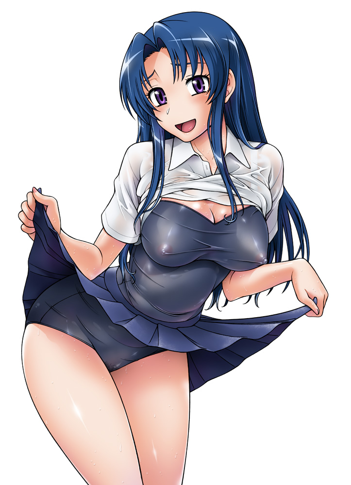 fukudahda, kawashima ami, toradora!, 00s, 1girl, blouse, blue hair, blush, breasts, cleavage, clothes lift, covered erect nipples, cowboy shot, curvy, female focus, female pubic hair, long hair, nipples, no bra, no panties, one-piece swimsuit, open mouth, pubic hair, purple eyes, see-through clothes, shirt, shirt lift, simple background, skirt, skirt lift, smile, solo, swimsuit, swimsuit under clothes, wet, wet clothes, wet shirt, white background, white shirt