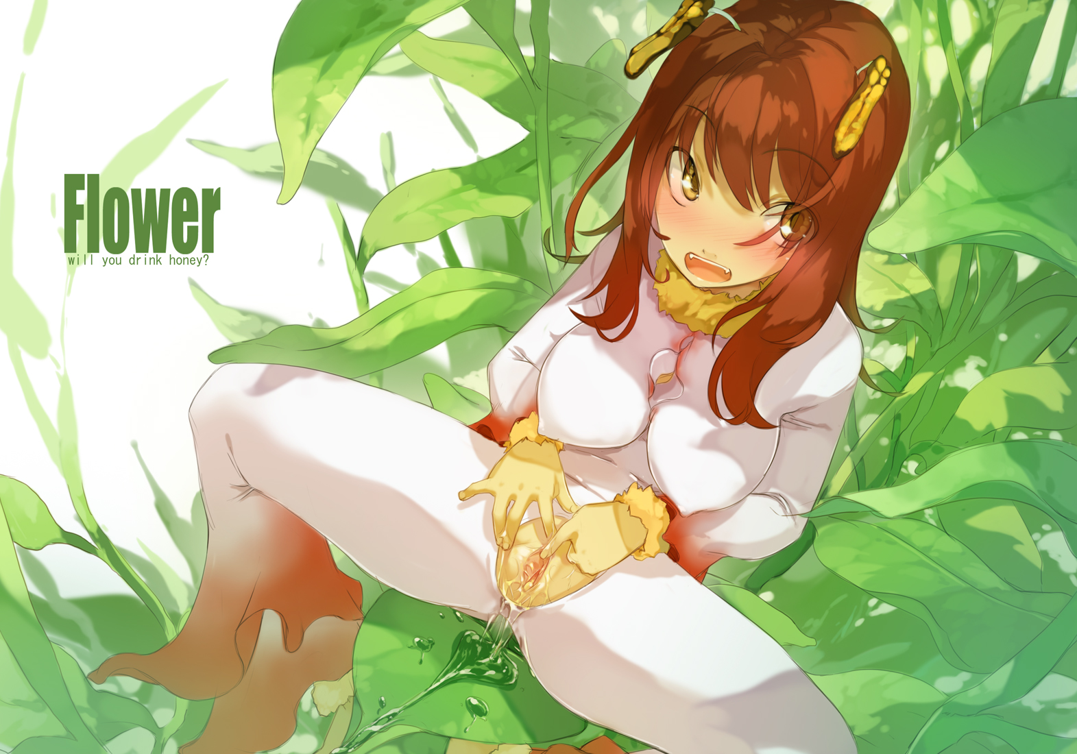 maruku, original, looking away, 1girl, antennae, blush, breasts, brown hair, covered erect nipples, english text, excessive pussy juice, eyes visible through hair, fangs, female focus, flower, large breasts, leaf, long hair, looking up, monster girl, nectar, nipples, open mouth, orange eyes, personification, petals, plant girl, pussy, pussy juice, pussy juice puddle, sitting, solo, spread legs, spread pussy, spreading own pussy, stamen, text focus, uncensored, yellow eyes