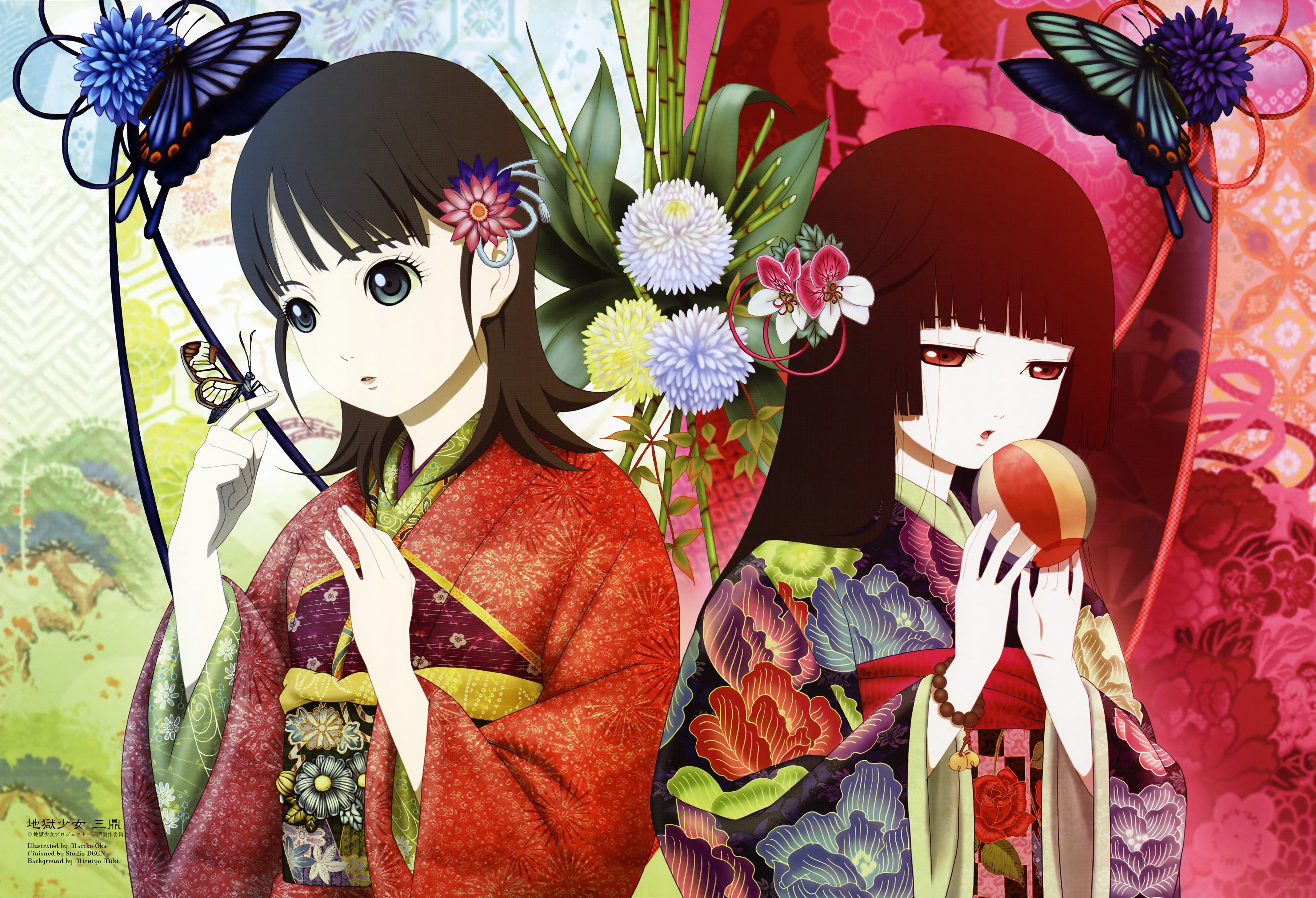 oka mariko, enma ai, mikage yuzuki, animage, jigoku shoujo, absurdres, highres, official art, scan, 00s, 2girls, ball, bamboo, black hair, blue eyes, blunt bangs, bracelet, bug, butterfly, butterfly on hand, chrysanthemum, floral print, flower, hair flower, hair ornament, hime cut, holding, insect, japanese clothes, jewelry, kimono, lips, long hair, long sleeves, multiple girls, obi, open mouth, parted lips, red eyes, sash, temari ball, upper body, wide sleeves