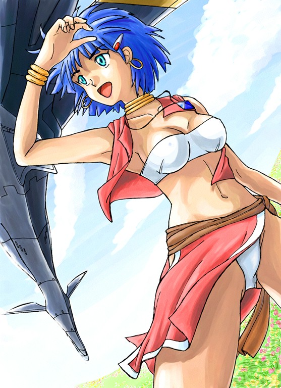 erumo, nadia la arwall, nautilus, fushigi no umi no nadia, 1990s (style), 1girl, bandeau, bare shoulders, blue eyes, blue hair, bracelet, cloud, dark-skinned female, dark skin, day, dutch angle, earrings, female focus, hair ornament, hairclip, jewelry, loincloth, midriff, neck ring, necklace, panties, pelvic curtain, retro artstyle, short hair, sky, solo, strapless, tube top, underwear, vest, wind