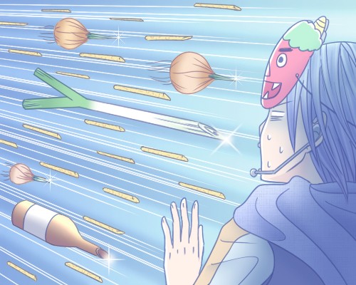 yummy (yumyumyummy), kaito (vocaloid), sharp, vocaloid, lowres, 1boy, blue hair, blue scarf, bottle, glint, male focus, mask, onion, scared, scarf, solo, spring onion