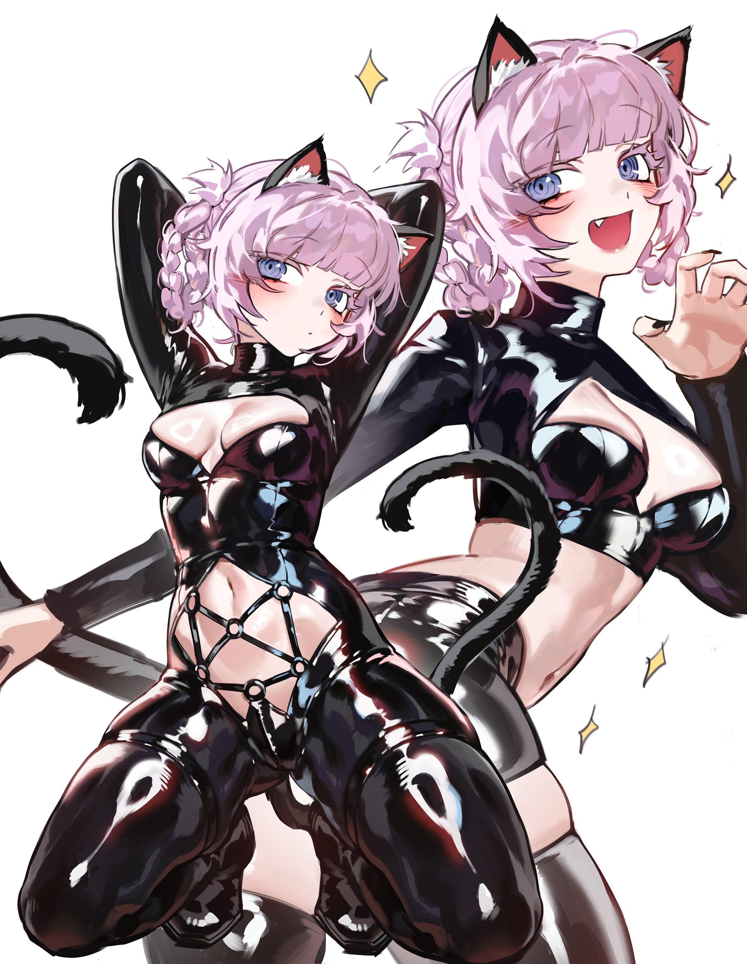 foolish potato, nanakusa nazuna (yofukashi no uta), yofukashi no uta, absurdres, highres, 1girl, :/, animal ear fluff, animal ears, arms behind head, black bodysuit, black nails, black shorts, black thighhighs, blue eyes, blunt ends, blush, bodysuit, braid, braided hair rings, breasts, cat ears, cat girl, cat tail, claw pose, cleavage cutout, clothing cutout, colored eyelashes, cowboy shot, crop top, fang, hair rings, kemonomimi mode, kneeling, latex, latex bodysuit, long sleeves, looking at viewer, medium breasts, multiple views, nail polish, navel, o-ring, open mouth, purple hair, ringed eyes, shiny clothes, shorts, simple background, skin tight, skindentation, smile, standing, stomach cutout, tail, thick eyelashes, thigh strap, thighhighs, white background