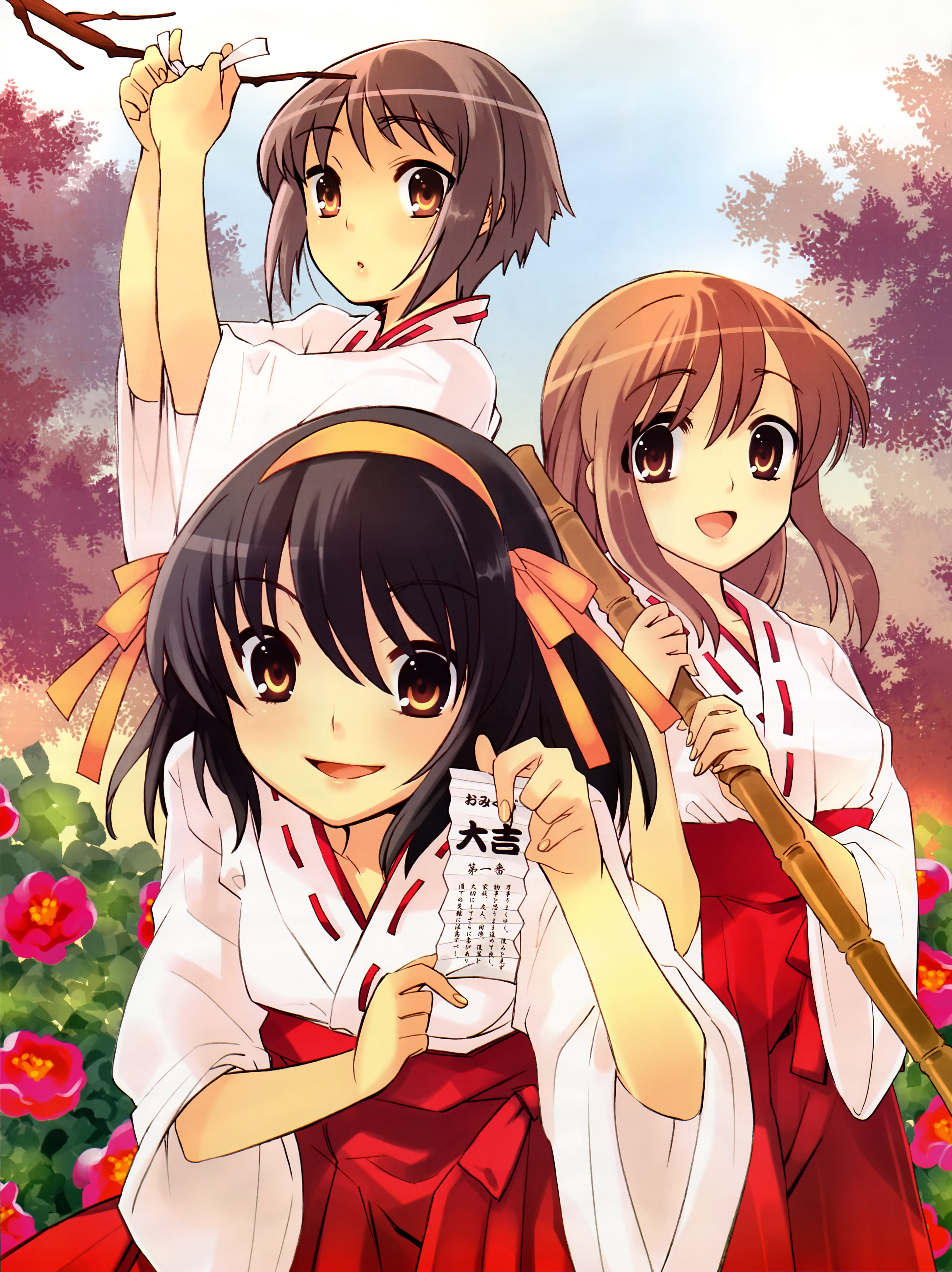 ito noizi, asahina mikuru, nagato yuki, suzumiya haruhi, suzumiya haruhi no yuuutsu, absurdres, highres, translated, 00s, hakama, hakama skirt, japanese clothes, skirt