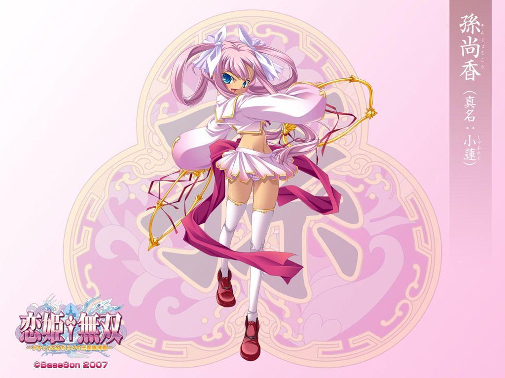 hikage eiji, sonshoukou (koihime musou), koihime musou, official art, official wallpaper, 00s, 1girl, 2007, blue eyes, blush, character name, copyright name, dark-skinned female, dark skin, female focus, midriff, navel, panties, pantyshot, petite, pink hair, pink panties, pink theme, skirt, smile, solo, standing, striped clothes, striped panties, thighhighs, twintails, underwear, upskirt, watermark, wind, wind lift