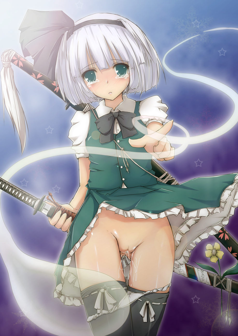 natsume riu, konpaku youmu, konpaku youmu (ghost), touhou, highres, 1girl, blue eyes, bow, bowtie, clothes lift, dress shirt, female focus, hairband, hitodama, katana, no panties, panties, panty pull, pussy, pussy juice, pussy juice trail, shirt, short hair, skirt, skirt lift, solo, sword, tears, thighhighs, underwear, vest, weapon, white hair, wind, wind lift