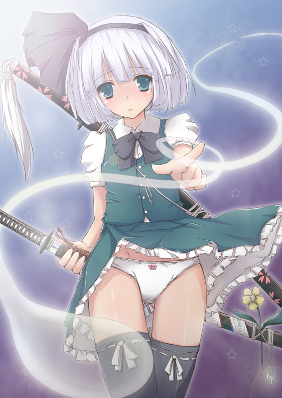natsume riu, konpaku youmu, konpaku youmu (ghost), touhou, 1girl, blue eyes, bow, bowtie, clothes lift, dress shirt, female focus, hairband, hitodama, katana, panties, sheath, sheathed, shirt, short hair, skirt, skirt lift, solo, sword, thighhighs, underwear, upskirt, vest, weapon, white hair, white panties, wind, wind lift