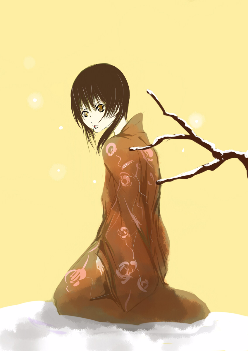 kae (artist), bad id, bad pixiv id, highres, brown hair, japanese clothes, kimono, kneeling, pale skin, seiza, sitting, snow, solo, yellow eyes