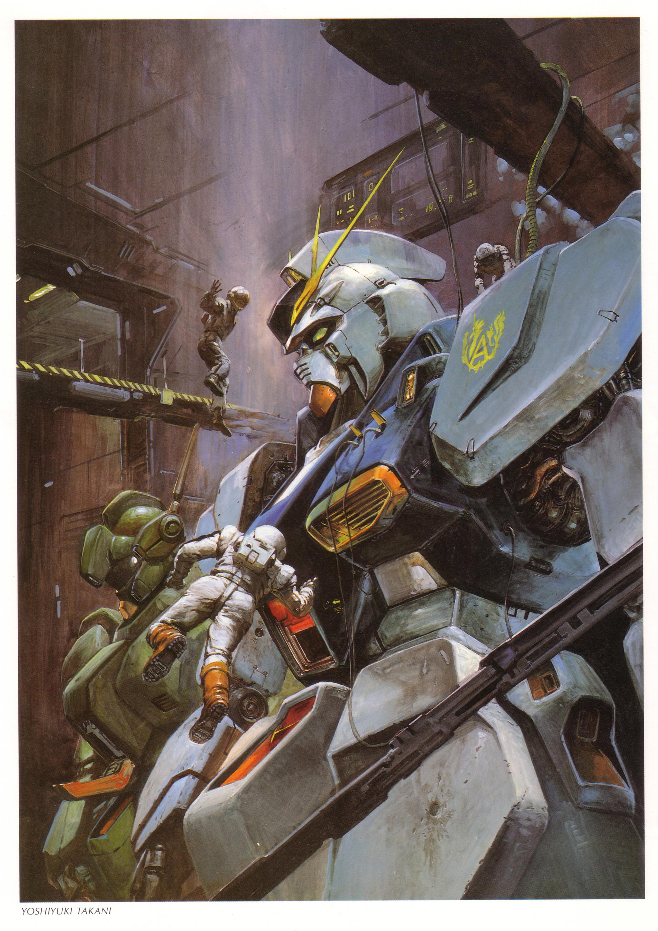 takani yoshiyuki, jegan, nu gundam, char's counterattack, gundam, absurdres, highres, scan, 3boys, battle damage, cable, damaged, male focus, mecha, multiple boys, robot, spacesuit, wire