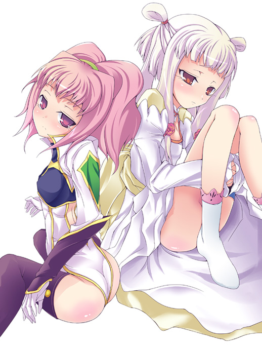 usurai, anya alstreim, tianzi, code geass, 00s, 2girls, albino, ass, back-to-back, blush, bodysuit, bride, dress, flat chest, gloves, long hair, looking back, multiple girls, pink eyes, pink hair, red eyes, short hair, sitting, socks, thighhighs, twintails, wedding dress, white hair