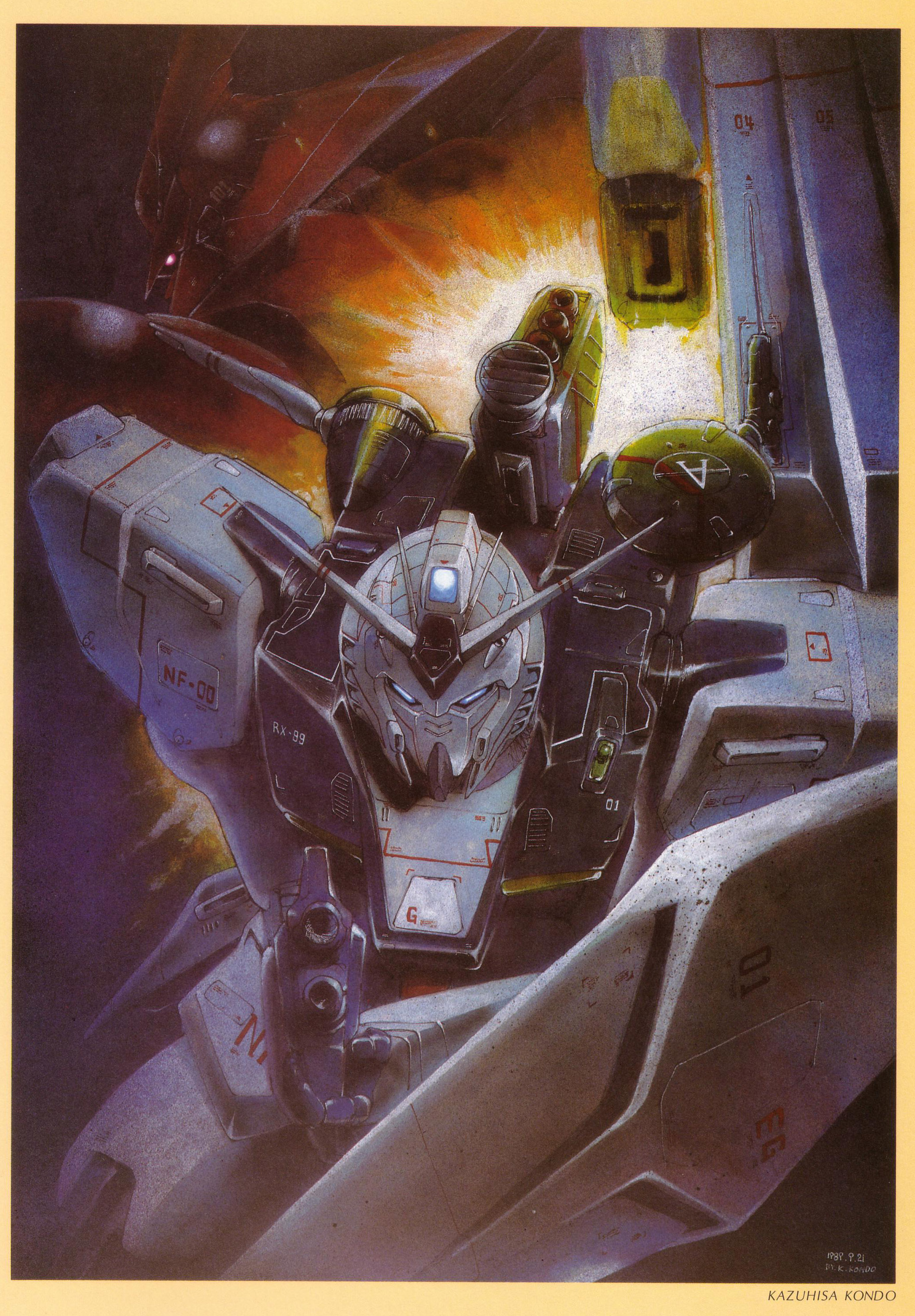 kondou kazuhisa, nu gundam, sazabi, char's counterattack, gundam, absurdres, highres, scan, artist name, beam rifle, energy gun, gun, mecha, no humans, robot, shield, space, weapon