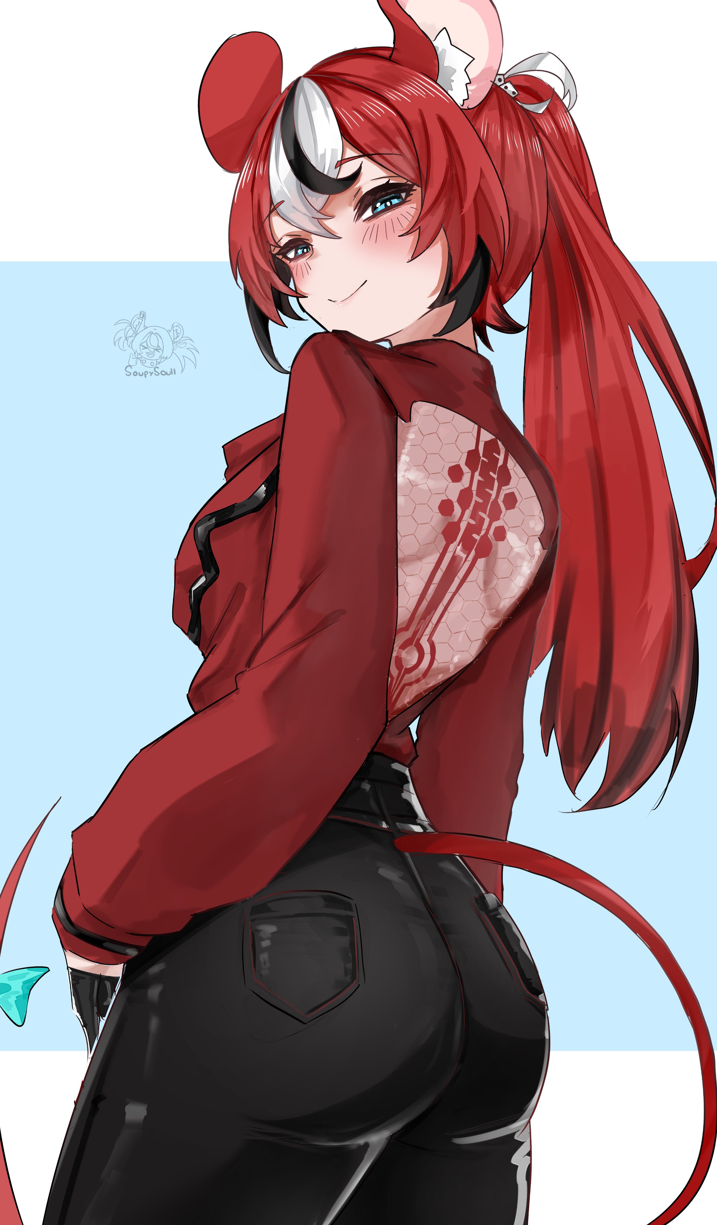 hakos baelz, hololive, 1girl, animal ears, ass, ass focus, backless outfit, black hair, blush, breasts, from behind, gloves, huge ass, jacket, large breasts, long hair, looking at viewer, mouse ears, mouse girl, mouse tail, multicolored hair, pants, ponytail, red eyes, red hair, sideboob, smile, solo, soupysoull, tail, very long hair, virtual youtuber, white hair