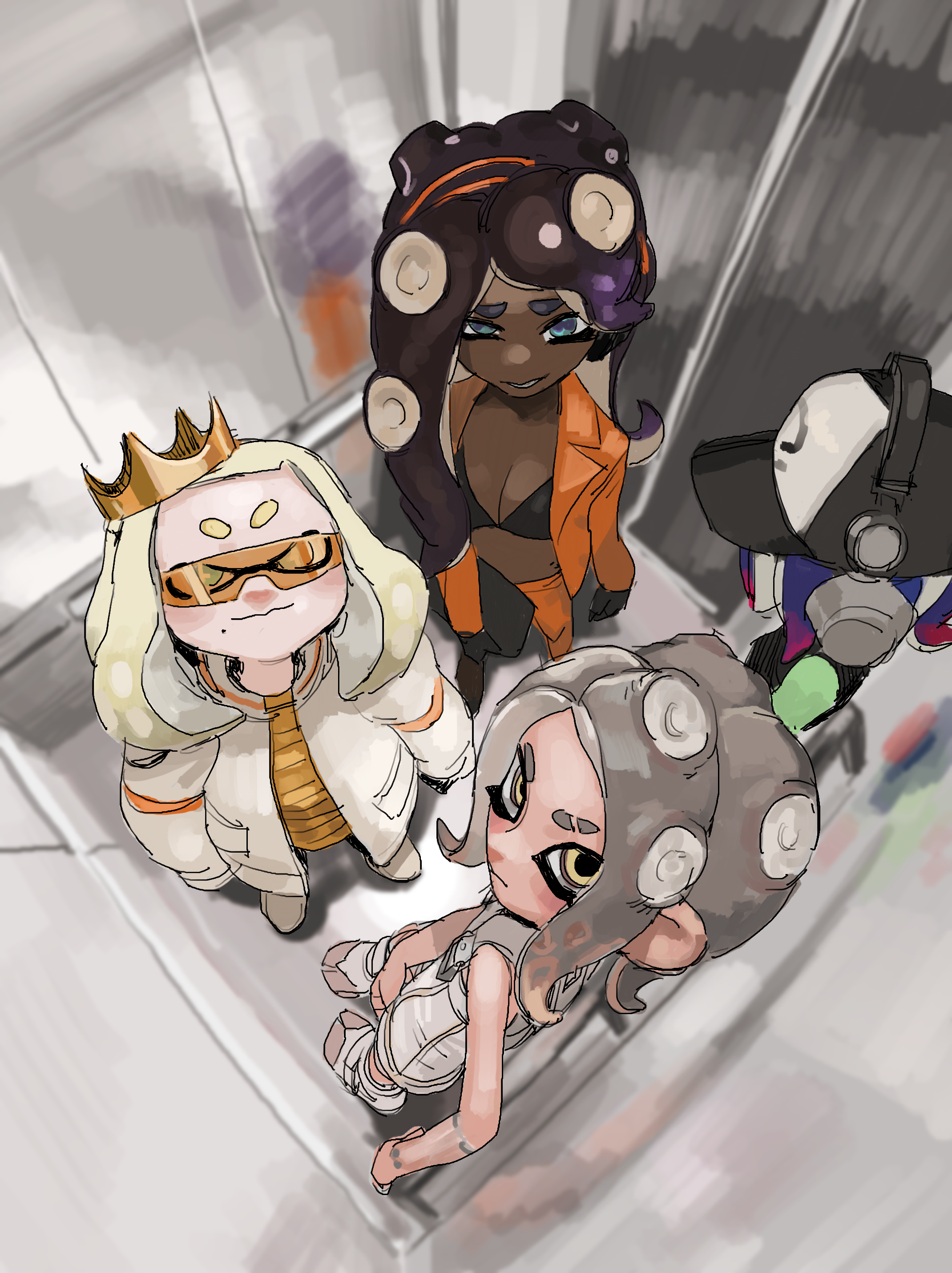 dray (meerkat dray), agent 8 (splatoon), dedf1sh, marina (splatoon), octoling girl, octoling player character, pearl (splatoon), splatoon (series), splatoon 3, splatoon 3: side order, 4girls, bare shoulders, baseball cap, black bra, black gloves, black hat, black shirt, blonde hair, blue eyes, blue hair, bra, breasts, cephalopod eyes, cleavage, closed mouth, colored skin, colored tips, crown, dark-skinned female, dark skin, dress, elevator, eyebrow cut, female focus, forehead, from above, full body, gloves, green skin, happy, hat, headphones, holding, holding laptop, indoors, inkling, jacket, jumpsuit, laptop, long sleeves, looking at viewer, looking up, medium breasts, medium hair, mini crown, mole, mole under mouth, multicolored hair, multiple girls, no shirt, octoling, open clothes, open jacket, orange crown, orange dress, orange jacket, orange pants, oversized jacket, pants, parted lips, purple hair, shirt, shoes, sidelocks, sleeveless, sleeveless shirt, smile, standing, suction cups, tentacle hair, tentacles, tilted headwear, two-tone hair, underwear, white jacket, white jumpsuit, white shoes, yellow eyes