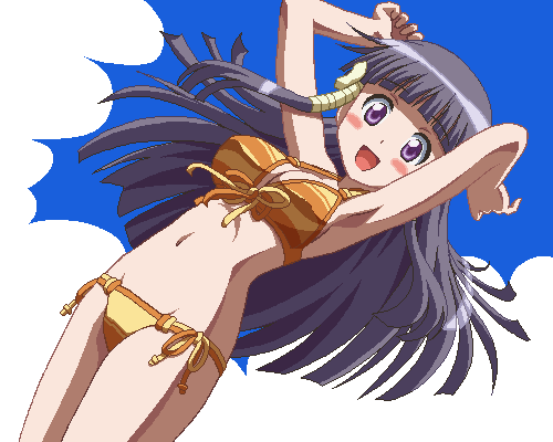 awa, murasame oshizu, to love-ru, lowres, 00s, 1girl, :d, armpits, arms up, bikini, black hair, blunt bangs, blush, breasts, cleavage, cloud, cowboy shot, day, dutch angle, female focus, floating hair, from side, front-tie bikini top, front-tie top, groin, hair ribbon, happy, jaggy lines, long hair, looking at viewer, navel, oekaki, open mouth, orange bikini, outdoors, purple eyes, ribbon, side-tie bikini bottom, sidelocks, sky, smile, solo, swimsuit, tress ribbon, yellow bikini