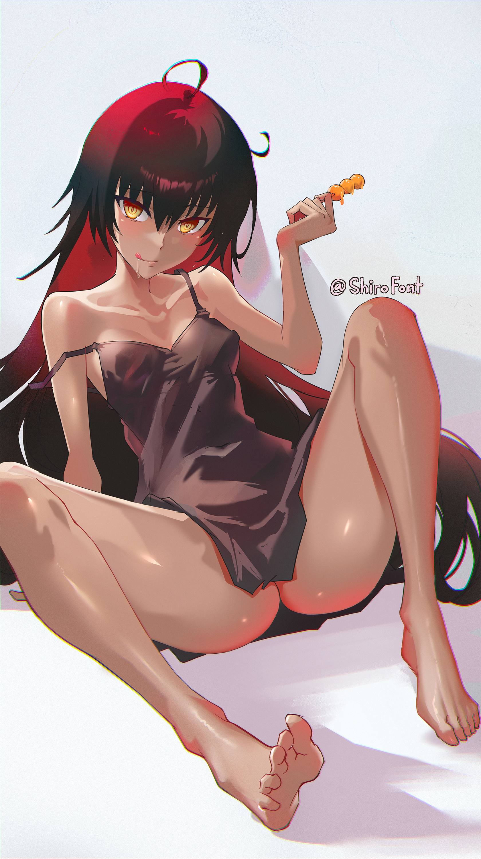 shiro font, master nemesis, to love-ru, absurdres, highres, 1girl, barefoot, black hair, dango, dark-skinned female, dark skin, feet, food, licking lips, long hair, looking at viewer, soles, strap slip, toes, tongue, tongue out, wagashi, yellow eyes