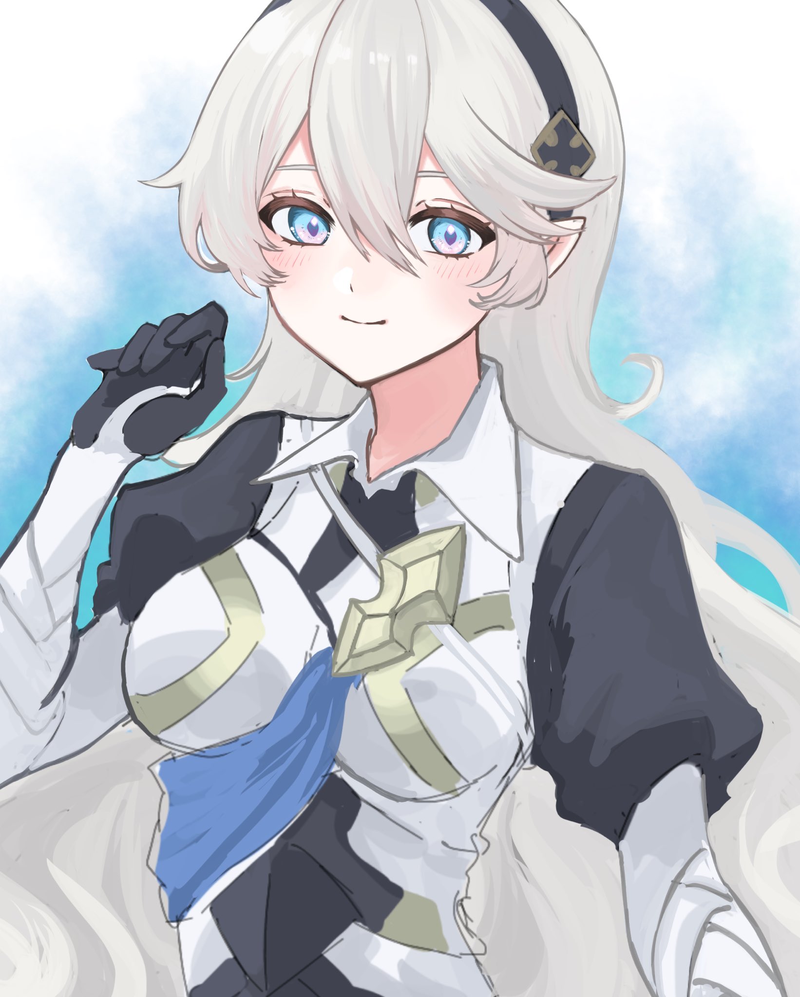 sayaka (fe uma274), female corrin (emblem) (fire emblem), female corrin (fire emblem), fire emblem, fire emblem engage, fire emblem fates, nintendo, commentary, highres, 1girl, armor, black hairband, blue eyes, breasts, closed mouth, grey hair, hair between eyes, hairband, long hair, looking at viewer, medium breasts, pointy ears, smile, solo, very long hair