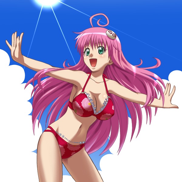 awa, lala satalin deviluke, peke (to love-ru), to love-ru, 00s, 1girl, ahoge, bikini, blush, breasts, cleavage, day, female focus, halterneck, long hair, medium breasts, outdoors, outstretched arms, pink hair, red bikini, solo, spread arms, swimsuit