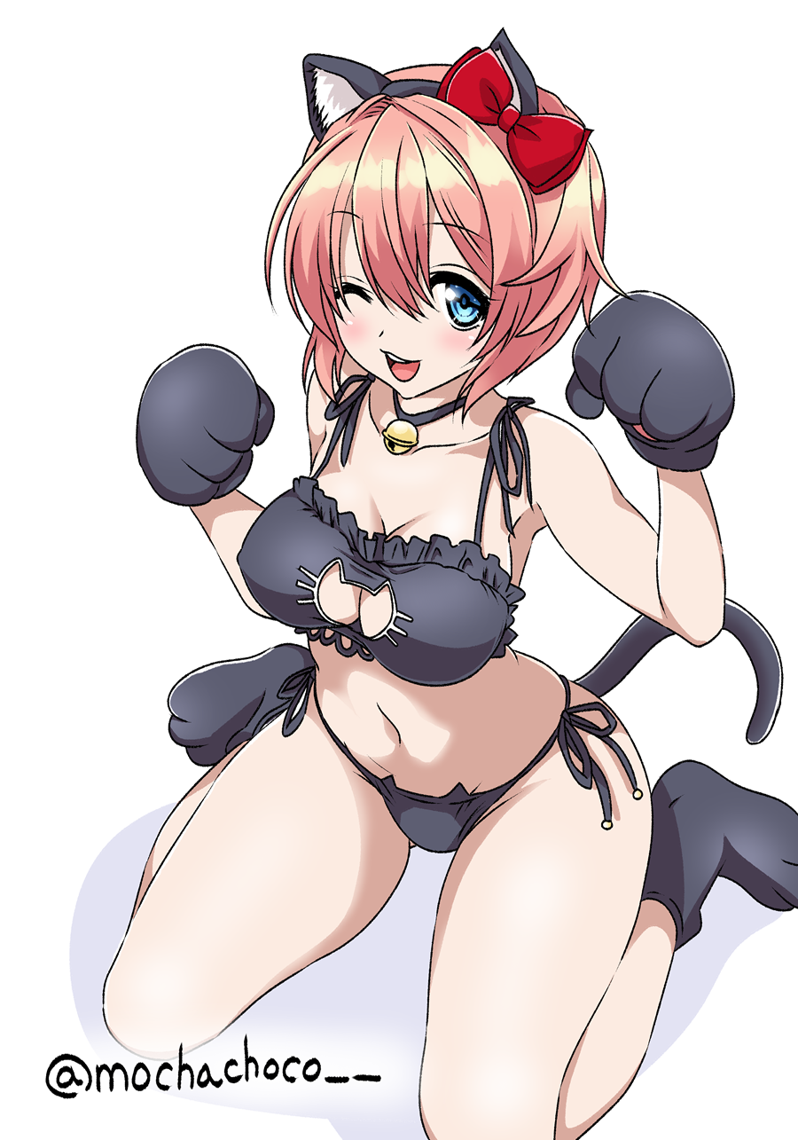 mochachoco, sayori (doki doki literature club), doki doki literature club, commentary request, highres, 1girl, ;d, animal ears, animal hands, animal print, bell, black bra, black panties, black socks, blue eyes, blush, bow, bra, breasts, cat ears, cat lingerie, cat panties, cat paws, cat print, cat tail, cleavage, collarbone, fake animal ears, hair between eyes, hair bow, looking at viewer, medium breasts, navel, neck bell, one eye closed, open mouth, orange hair, panties, paw pose, print panties, red bow, short hair, simple background, sitting, smile, socks, tail, thighs, underwear, wariza, white background