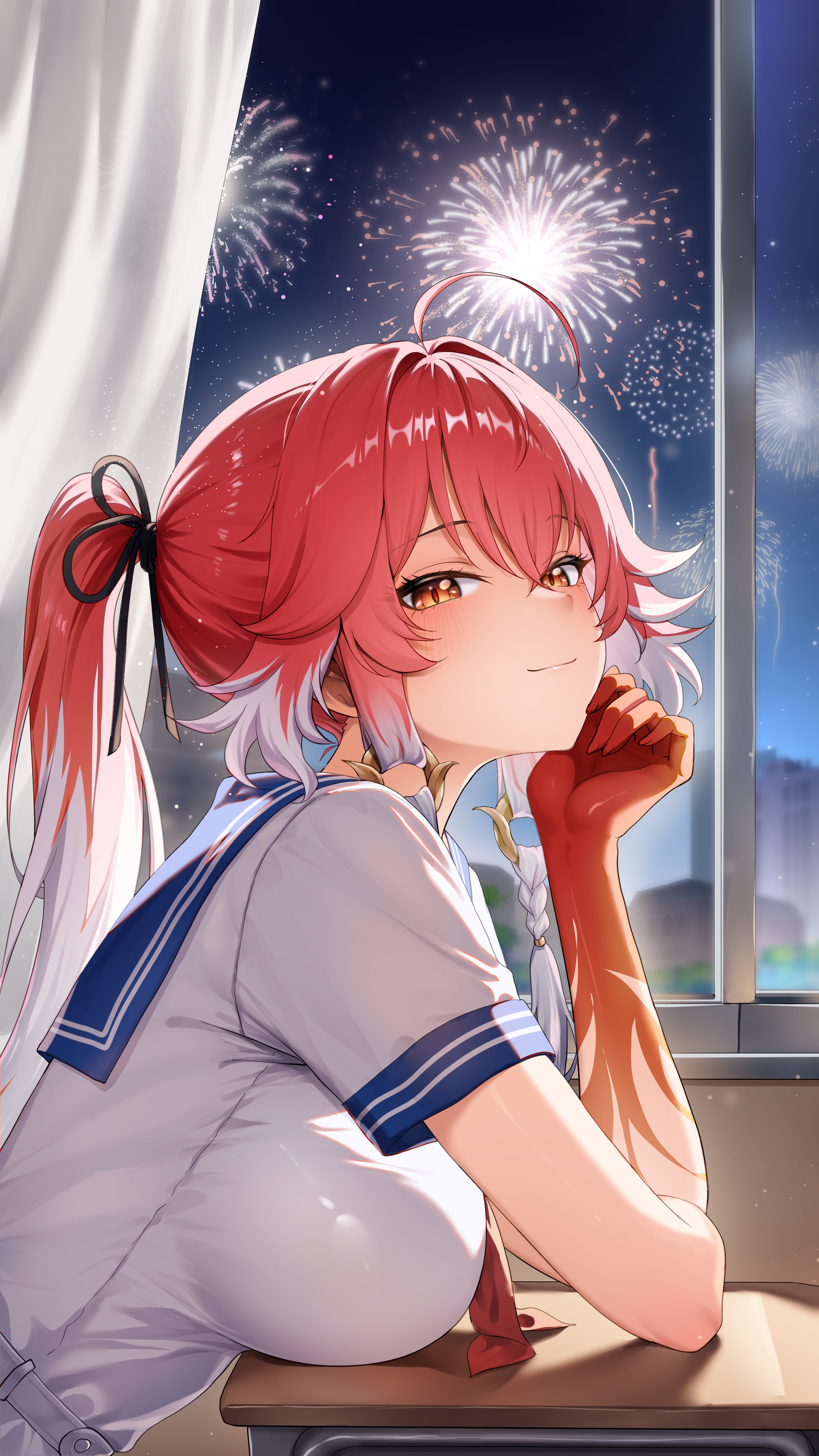 4ddd, changli (wuthering waves), wuthering waves, absurdres, commentary, highres, 1girl, aerial fireworks, ahoge, alternate costume, black ribbon, blue sailor collar, braid, breasts, closed mouth, colored extremities, desk, fingernails, fireworks, from side, hair extensions, hair ribbon, indoors, large breasts, looking at viewer, looking to the side, multicolored hair, neckerchief, orange eyes, pink hair, ponytail, red hands, red nails, red neckerchief, ribbon, ring hair extensions, sailor collar, school desk, school uniform, shirt, short sleeves, smile, solo, twin braids, two-tone hair, white hair, white shirt