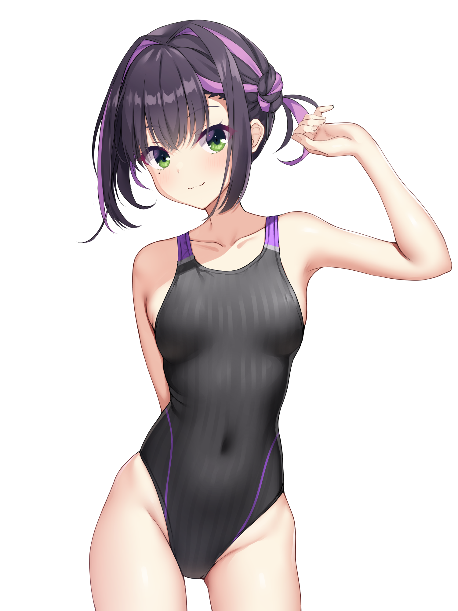 ncontrail (mgax7527), nabari anju, limelight lemonade jam, commentary request, highres, 1girl, :3, alternate costume, arm behind back, bare shoulders, black hair, black one-piece swimsuit, breasts, closed mouth, collarbone, competition swimsuit, covered navel, green eyes, groin, hair intakes, hand up, highleg, highleg one-piece swimsuit, long hair, looking at viewer, mole, mole under eye, multicolored hair, one-piece swimsuit, one side up, purple hair, skindentation, small breasts, smile, solo, split mouth, standing, streaked hair, swimsuit, two-tone hair, white background