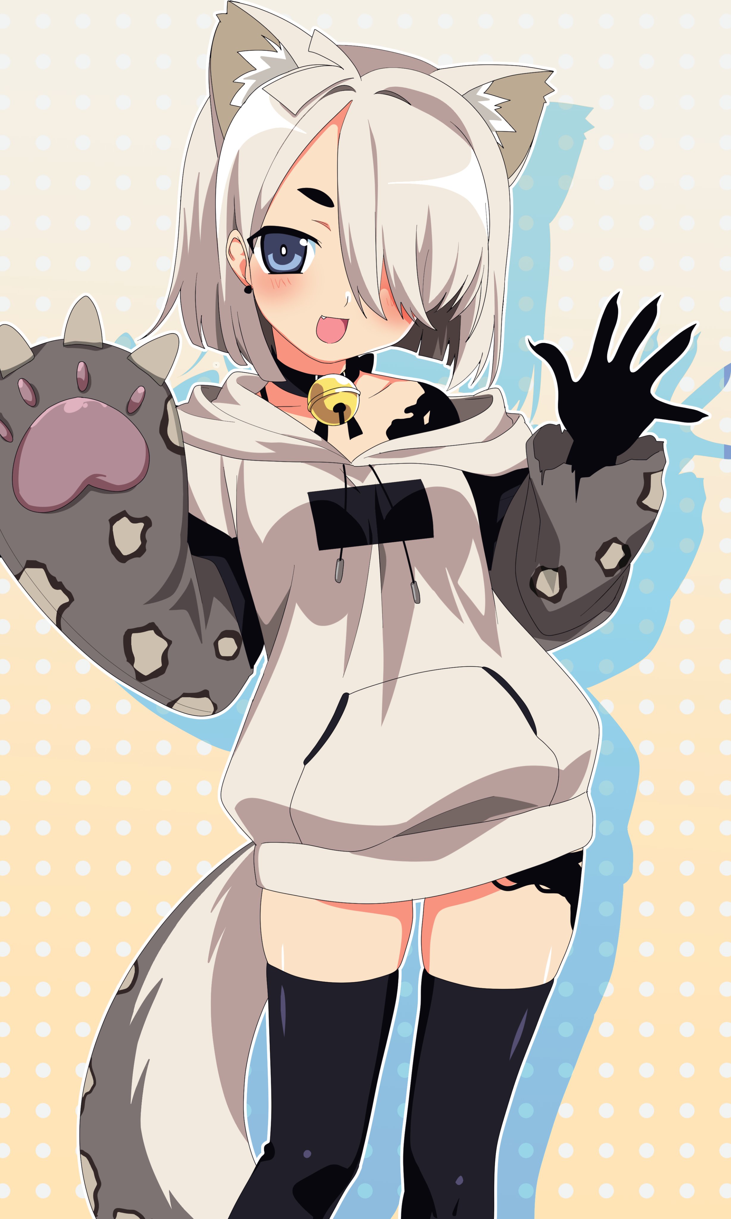 bk (barakoodra), original, absurdres, commission, highres, vgen commission, 1girl, animal ears, bell, blue eyes, blush, hair over one eye, hood, hoodie, jingle bell, leopard tail, open mouth, solo, tail
