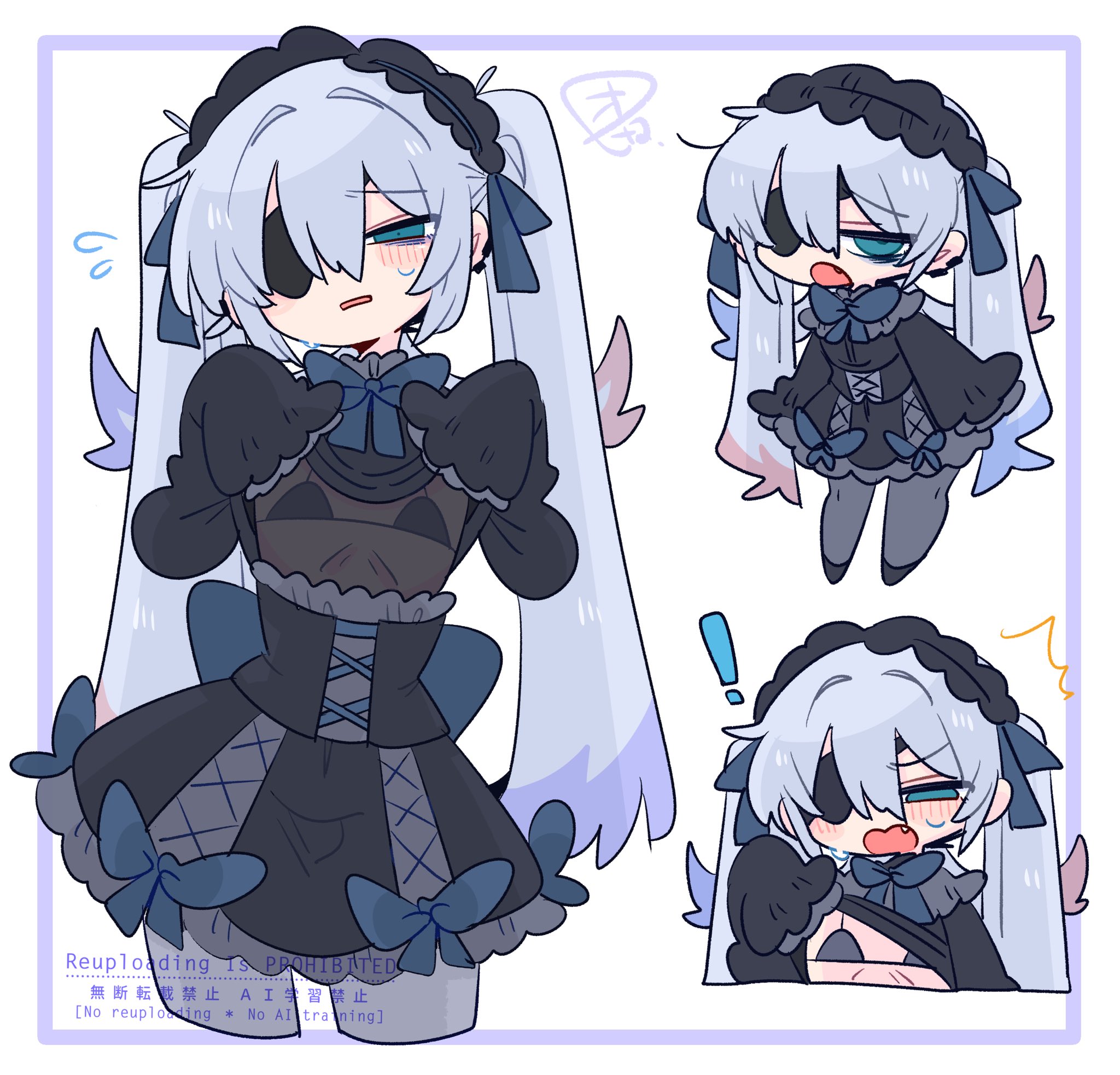 op na yarou, original, commentary, highres, !, 1boy, :o, bags under eyes, black bra, black corset, black hairband, black shirt, black shoes, black skirt, blue bow, blue bowtie, blue eyes, blue hair, bodystocking, bow, bowtie, bra, chibi, clothes lift, colored tips, corset, cowboy shot, crossdressing, crossdressing (mtf), earclip, embarrassed, eyepatch, fang, flipped hair, flying sweatdrops, frilled hairband, frilled skirt, frills, full body, furrowed brow, grey pantyhose, hair between eyes, hair bow, hair intakes, hairband, hand up, hands up, long hair, long sleeves, looking at viewer, male focus, multicolored hair, multiple views, narrowed eyes, no nose, one eye covered, open mouth, pantyhose, parted lips, quad tails, raised inner eyebrows, red hair, rigel (op na yarou), shirt, shoes, sidelocks, simple background, skirt, sleeves past fingers, sleeves past wrists, straight hair, sweatdrop, trap, underwear, upper body, very long hair, watermark, white background, white hair