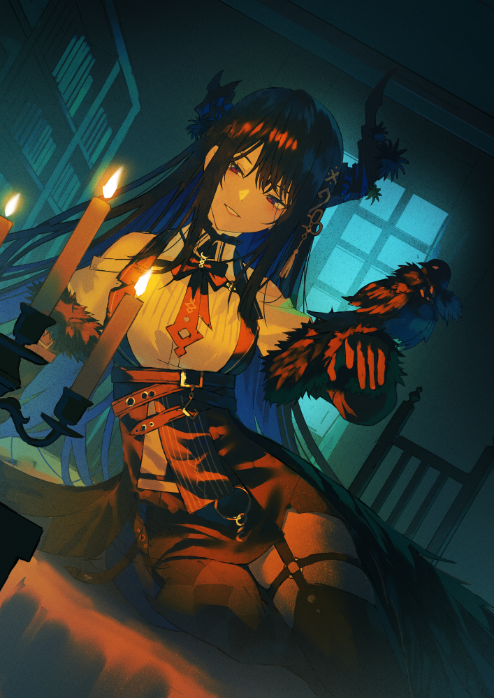 fagi (kakikaki), nerissa ravencroft, nerissa ravencroft (1st costume), shadow (nerissa ravencroft), hololive, hololive english, commentary request, 1girl, argyle clothes, argyle pantyhose, asymmetrical horns, asymmetrical legwear, bird, bird on hand, black gloves, black hair, black horns, black pantyhose, black skirt, black thighhighs, black wings, blue hair, bookshelf, candle, candlelight, candlestand, clothing cutout, collared shirt, colored inner hair, crow, demon horns, dutch angle, feathered wings, feet out of frame, flower, fur-trimmed sleeves, fur trim, gloves, grin, hair ornament, horn flower, horns, indoors, long hair, looking at viewer, low wings, mismatched legwear, mole, mole under eye, multicolored hair, o-ring, o-ring thigh strap, pantyhose, red eyes, shirt, shoulder cutout, single leg pantyhose, single thighhigh, sitting, skirt, smile, solo, tassel, tassel hair ornament, thigh strap, thighhighs, two-tone hair, uneven horns, very long hair, virtual youtuber, white shirt, window, wings, yokozuwari