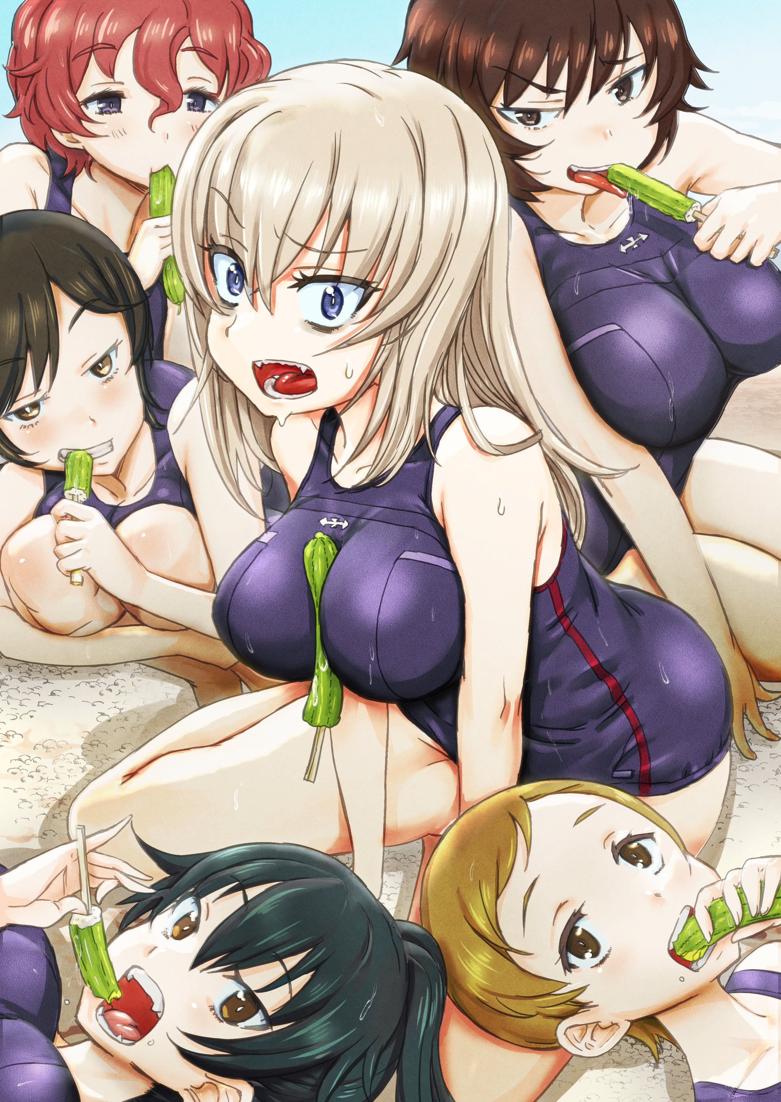 nabeyu, akaboshi koume, hida ema, iruma anna, itsumi erika, kojima emi, girls und panzer, absurdres, highres, 6+girls, beach, black hair, blue eyes, blue one-piece swimsuit, blush, breasts, brown eyes, brown hair, collarbone, grin, large breasts, long hair, looking at viewer, multiple girls, one-piece swimsuit, outdoors, pickle, red hair, saliva, short hair, smile, swimsuit, tongue, tongue out