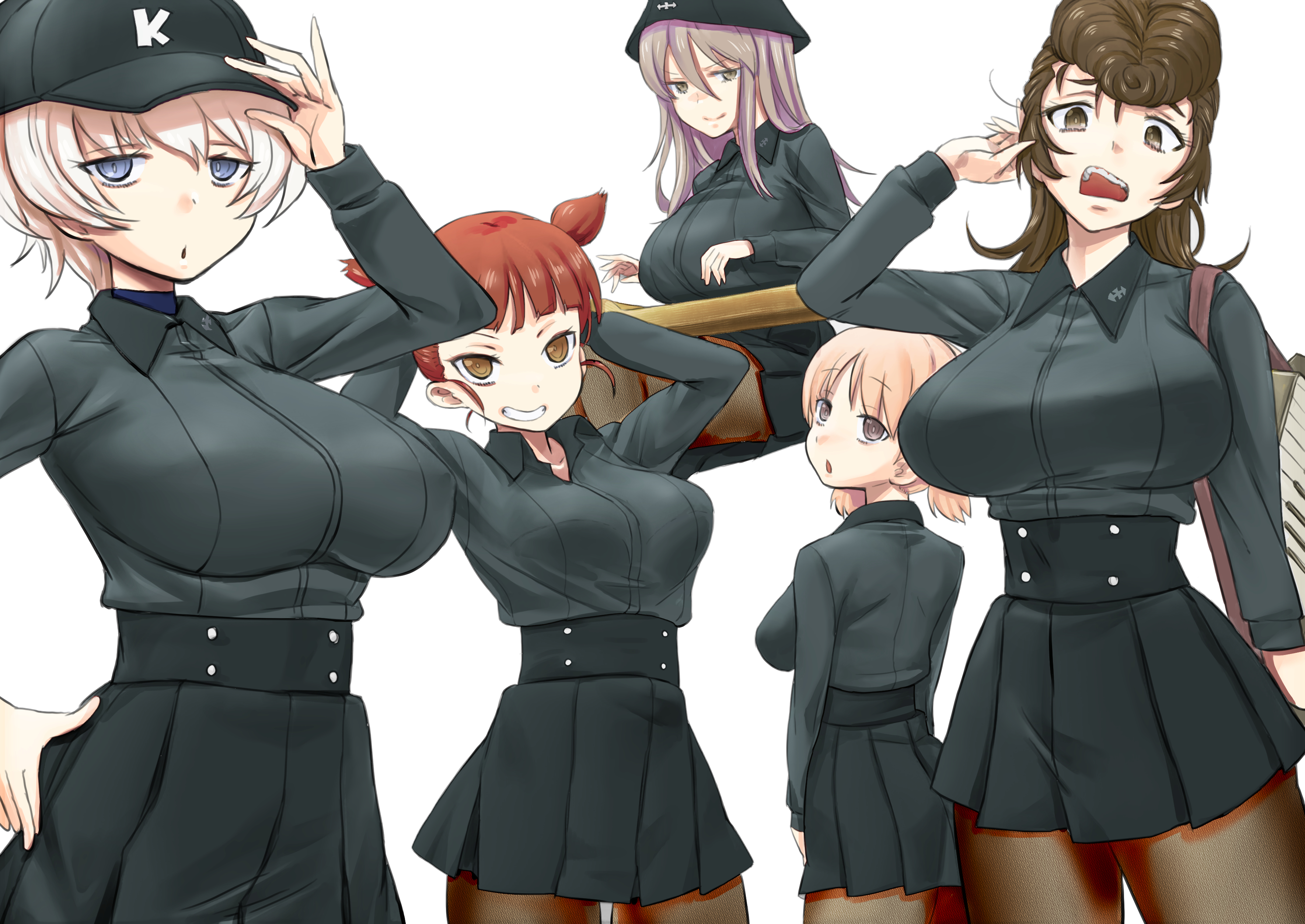 nabeyu, aki (girls und panzer), mika (girls und panzer), mikko (girls und panzer), youko (girls und panzer), yuri (girls und panzer), girls und panzer, absurdres, highres, 5girls, baseball cap, black pantyhose, blonde hair, blue eyes, blush, breasts, brown eyes, grin, hand on own hip, hat, instrument, kantele, kuromorimine military uniform, large breasts, long hair, looking at viewer, military uniform, multiple girls, open mouth, pantyhose, pompadour, simple background, smile, twintails, white background