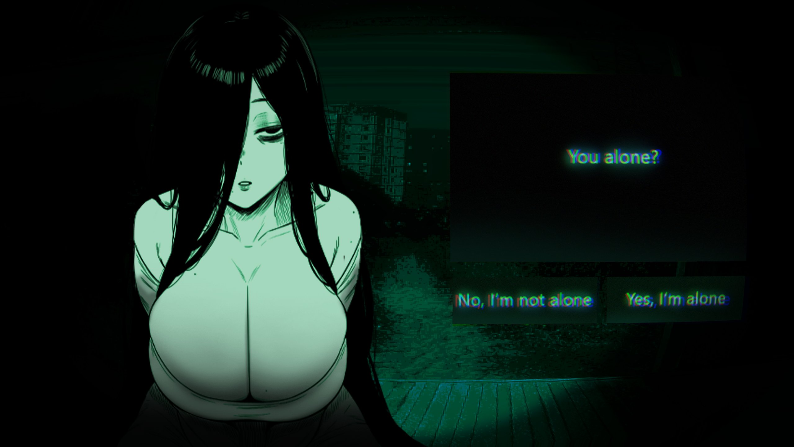 lughost, yamamura sadako, no i'm not a human, the ring, highres, 1girl, bags under eyes, black hair, breasts, cleavage, closed mouth, collarbone, dialogue box, dialogue options, dress, english text, ghost girl, green theme, greyscale, hair over one eye, large breasts, long hair, long sleeves, looking at viewer, monochrome, night, parody, porch, pov peephole, scar, scar on face, scar on lip, scar on mouth, simple background, smile, solo, sternocleidomastoid muscle, very long hair, white dress