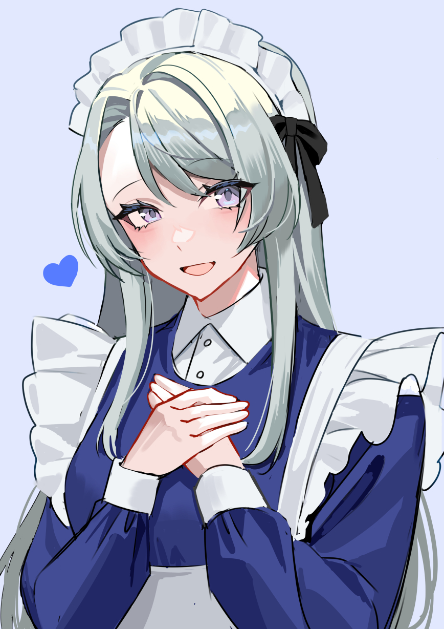 akagi kurage, sagiri (kancolle), kantai collection, highres, 1girl, alternate costume, apron, blue background, blue dress, dress, enmaided, grey eyes, grey hair, hands on own chest, heart, long hair, maid, maid headdress, smile, solo, upper body, white apron
