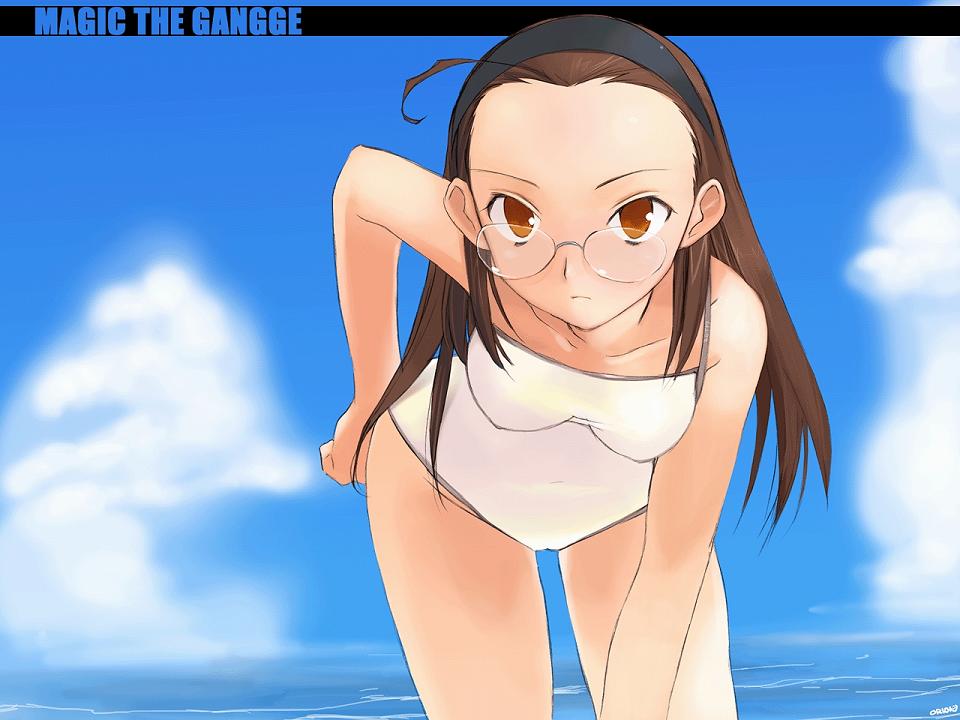 magic the gandhi, rance (series), rance vi, sengoku rance, jpeg artifacts, non-web source, beach, brown eyes, brown hair, day, forehead, hairband, leaning forward, long hair, one-piece swimsuit, solo, swimsuit