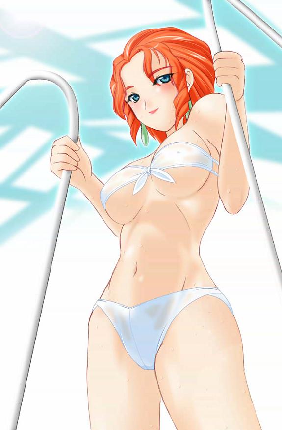 jpeg artifacts, non-web source, 1girl, bad anatomy, bikini, blue eyes, female focus, orange hair, solo, swimsuit, wet, white bikini