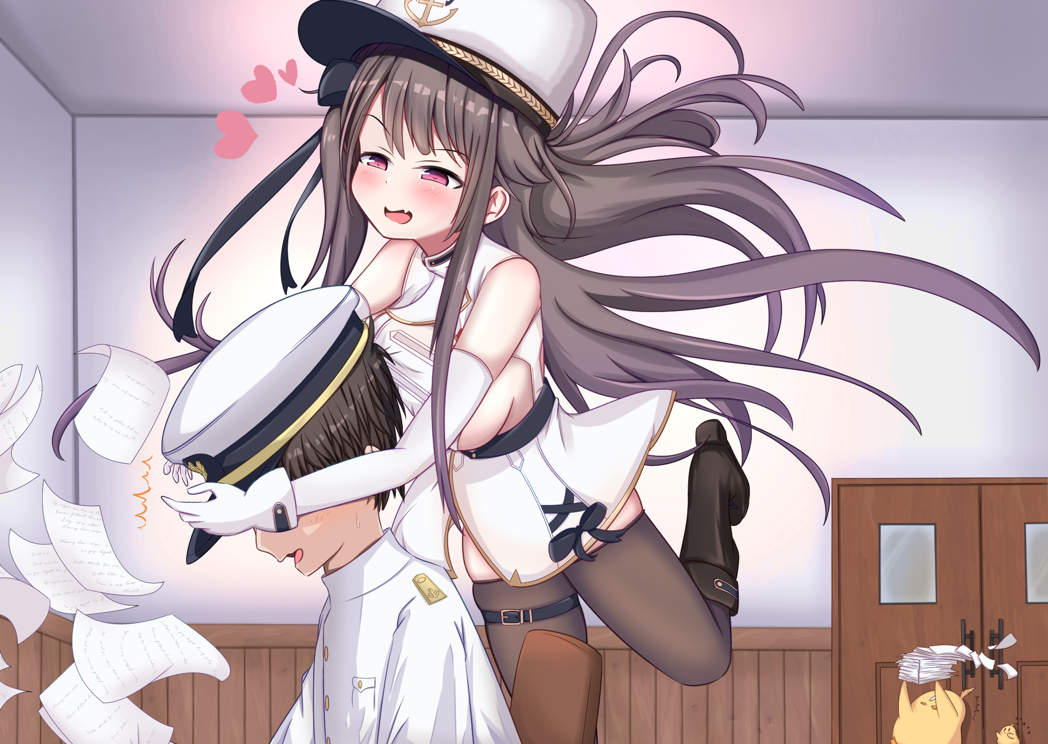 commander (azur lane), pamiat merkuria (azur lane), pamiat merkuria (retrofit) (azur lane), azur lane, commentary request, highres, 1boy, 1girl, :d, anchor hat ornament, bare shoulders, belt, black belt, black hair, black ribbon, blush, boots, breasts, brown hair, dress, fang, gloves, hair ribbon, half-closed eyes, hat, hat ornament, heart, high heel boots, high heels, hug, hug from behind, indoors, jumping, long hair, medium breasts, no bra, open mouth, pink eyes, ribbon, short dress, side ponytail, sideboob, sideboob cutout, sleeveless, sleeveless dress, smile, standing, standing on one leg, surprise hug, thighhighs, very long hair, white dress, white gloves, yamatk624