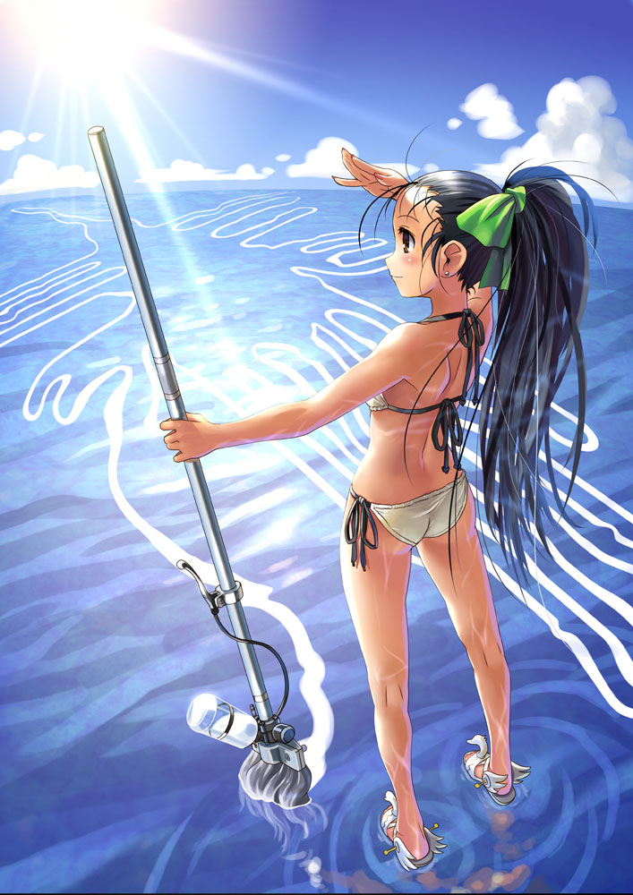 katahira masashi, original, 1girl, art brush, ass, back, bikini, black eyes, black hair, brown eyes, caustics, day, drawing (action), female focus, full body, giant brush, long hair, mop, nazca lines, paintbrush, ponytail, sandals, side-tie bikini bottom, solo, standing, standing on liquid, sun, swimsuit, water