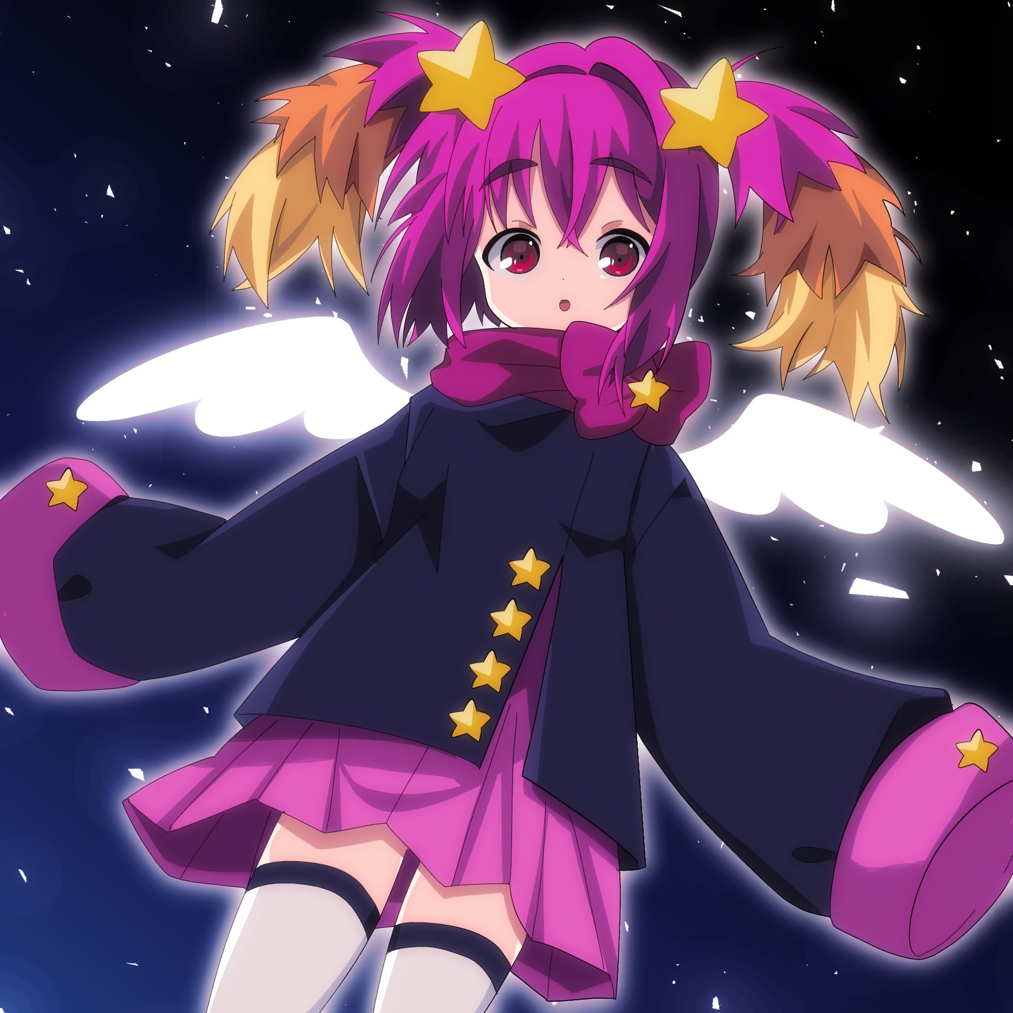 bk (barakoodra), original, commission, highres, 1girl, :o, angel wings, blonde hair, bow, coat, hair ornament, multicolored hair, orange hair, pink hair, red eyes, skirt, solo, star (symbol), star hair ornament, thighhighs, wings