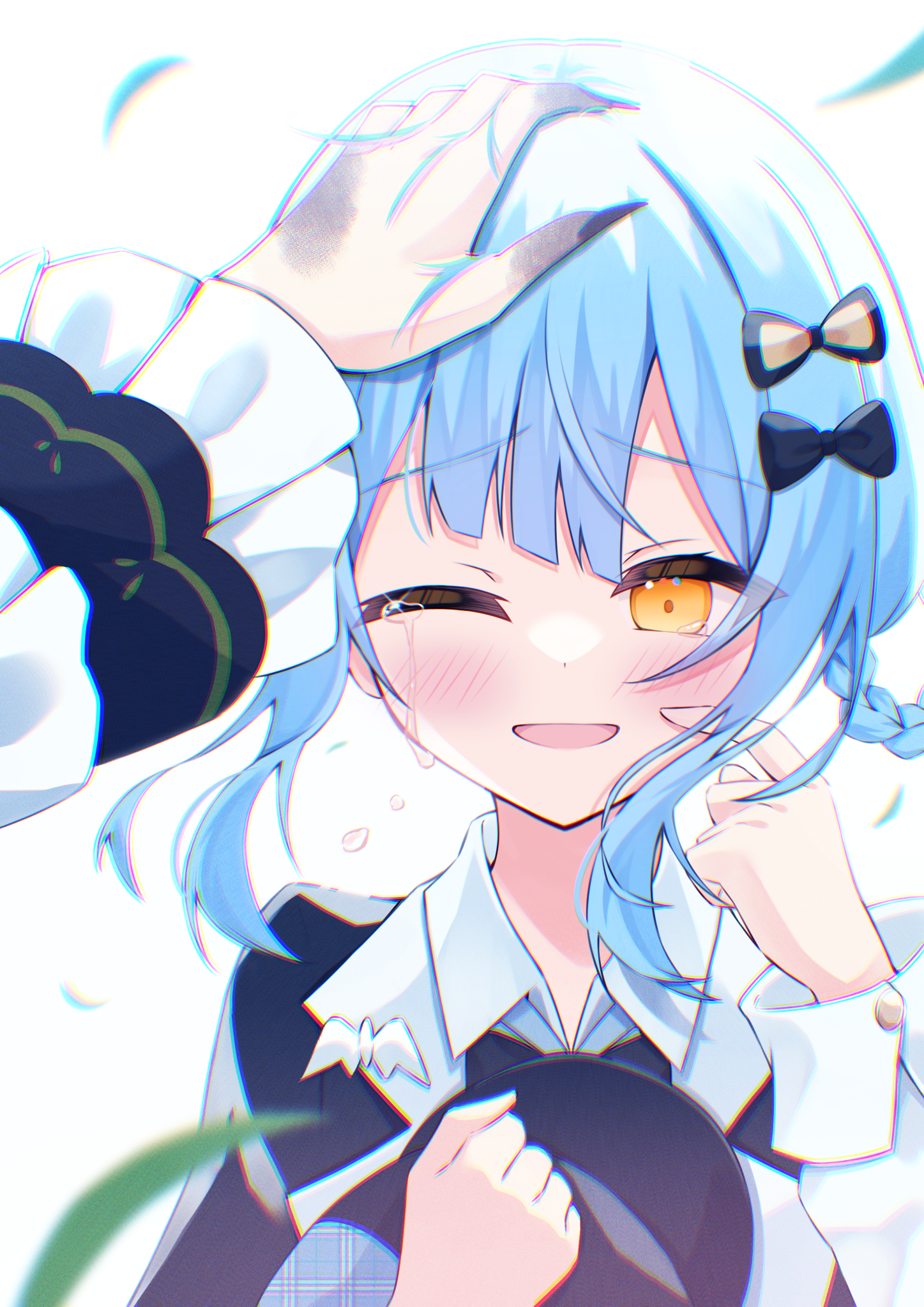 kunokaya, tachibana sherry, tono hanna, mahou shoujo no majo saiban, commentary request, highres, spoilers, 2girls, black bow, blue hair, blurry, blurry foreground, blush, bow, braid, braided hair rings, chromatic aberration, colored extremities, crying, crying with eyes open, finger to cheek, frilled sleeves, frills, hair bow, hair rings, hand on another's head, hat, headpat, holding, holding unworn clothes, holding unworn hat, long sleeves, looking at viewer, magical girl, multiple girls, one eye closed, open mouth, pov, pov hands, simple background, smile, solo focus, streaming tears, tears, unworn hat, unworn headwear, upper body, white background, wind, yellow eyes