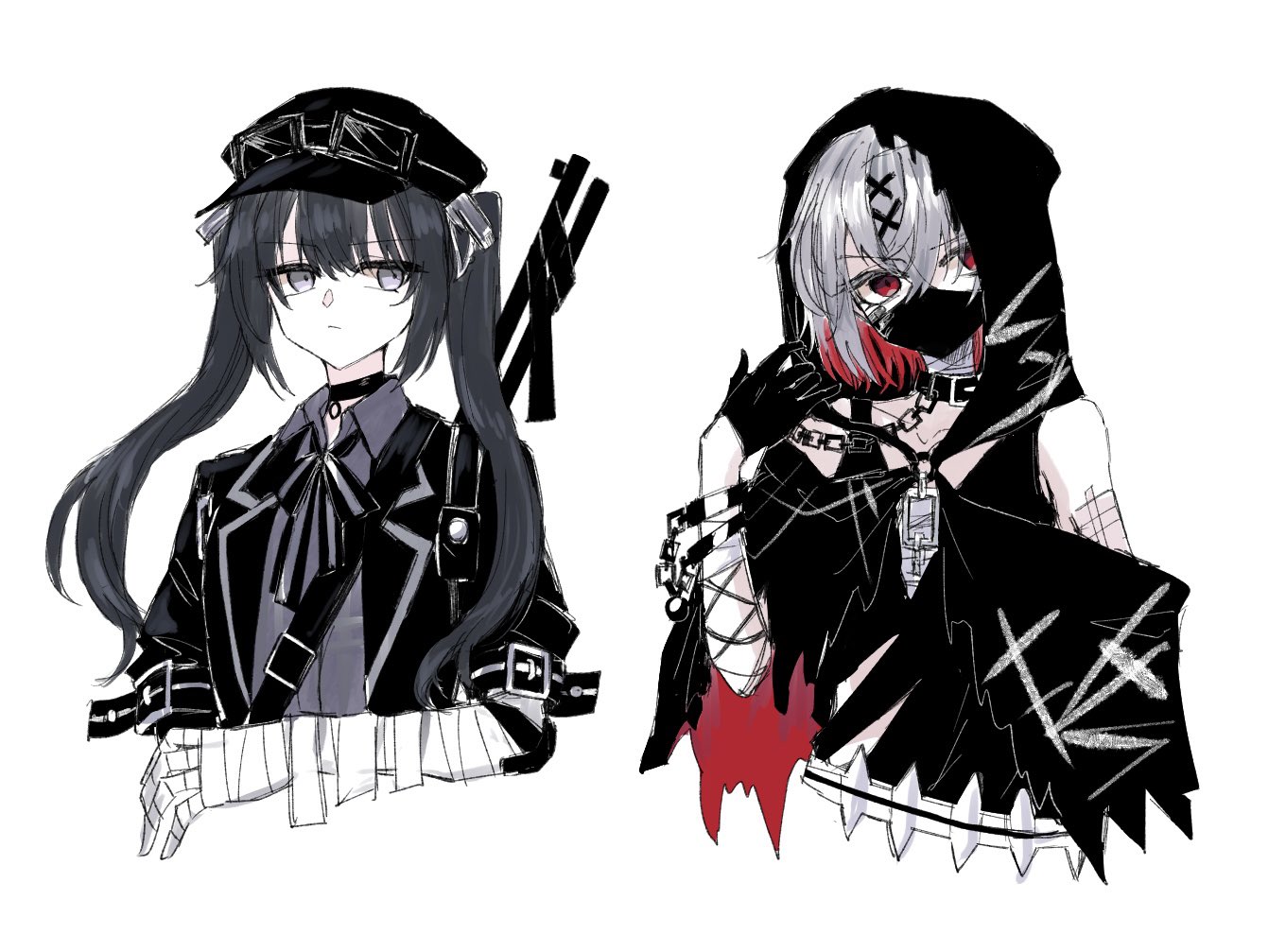shito alisa, mahou shoujo no majo saiban, 2girls, bandaged arm, bandages, black choker, black cloak, black gloves, black hair, black hat, black jacket, black ribbon, chain, choker, cloak, colored inner hair, gloves, goggles, goggles on headwear, grey eyes, grey hair, gun, hair ornament, half gloves, hat, jacket, kurobe nanoka, looking at viewer, magical girl, multicolored hair, multiple girls, red eyes, ribbon, rifle, simple background, twintails, weapon, weapon on back, white background, x hair ornament, yume mogura