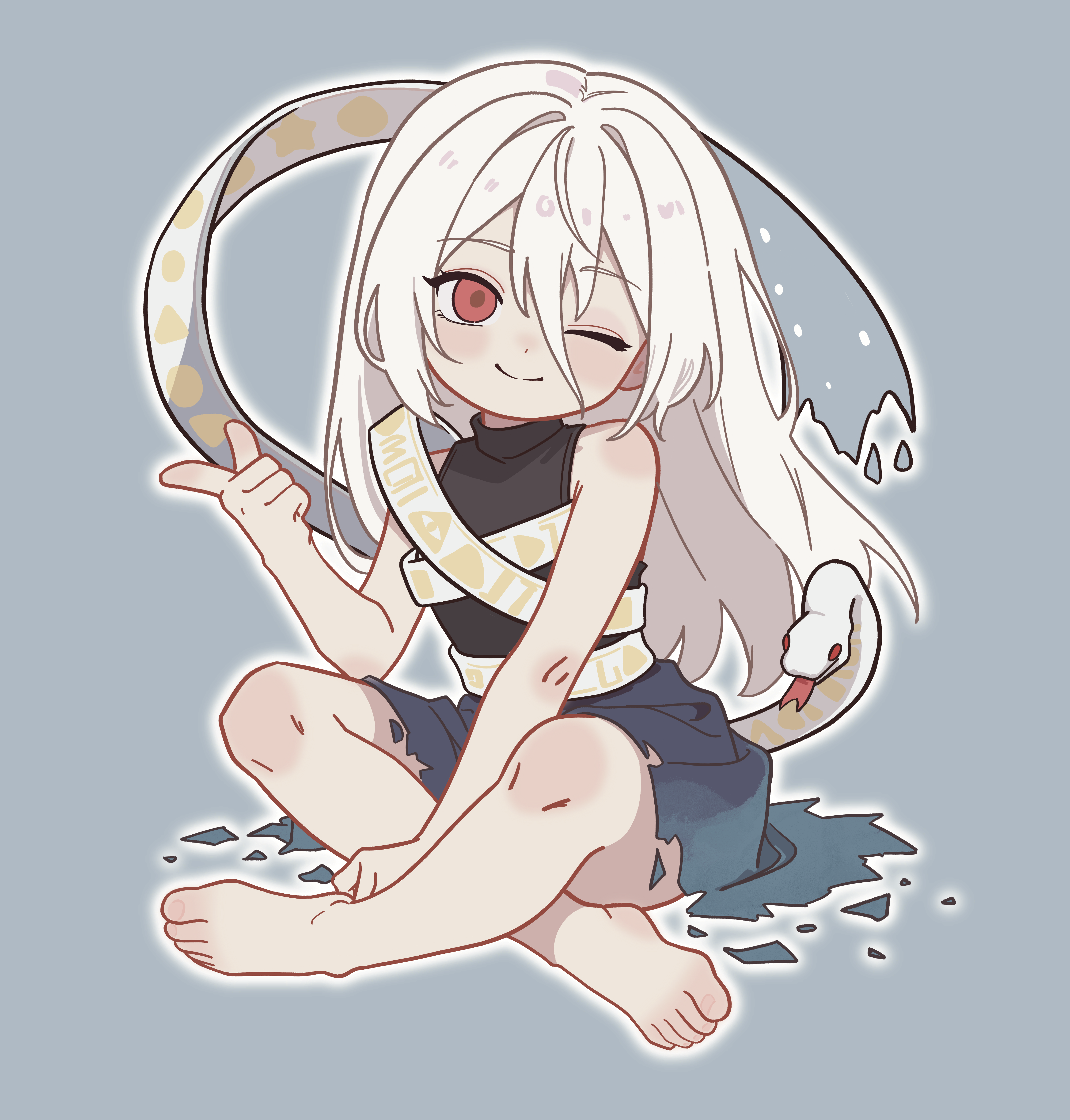 yuiman asama, fossilized wonders, touhou, absurdres, commentary, highres, 1girl, bare shoulders, barefoot, biralo b, black shirt, blue background, blue skirt, closed mouth, full body, hair between eyes, hand up, index finger raised, legs, long bangs, long hair, one eye closed, red eyes, shirt, sitting, skirt, sleeveless, sleeveless shirt, smile, snake, solo, turtleneck, white hair