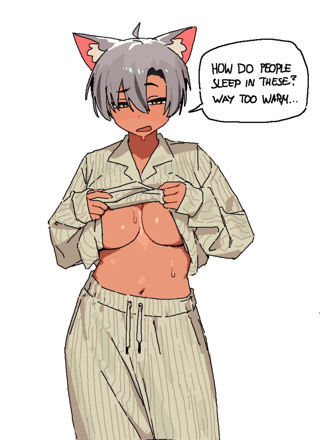 vertigris, kara (go! go! gris!), go! go! gris!, highres, 1girl, animal ears, breasts, cat ears, cat girl, cat tail, clothes lift, grey hair, grey tail, large breasts, navel, no bra, pajamas, shirt lift, short hair, simple background, spotted tail, sweat, tail, tan, two-tone tail, underboob, white background, yellow eyes