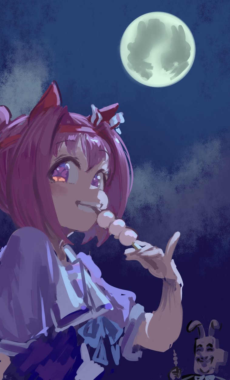 inishie kumo, haru urara (umamusume), umamusume, highres, 1girl, animal ears, blush, bow, dango, ear bow, ear covers, flower-shaped pupils, flower in eye, food, hairband, headband, horse ears, horse girl, long hair, looking at viewer, moon, pink eyes, pink hair, pink headband, ponytail, red headband, shirt, smile, solo, symbol-shaped pupils, symbol in eye, wagashi
