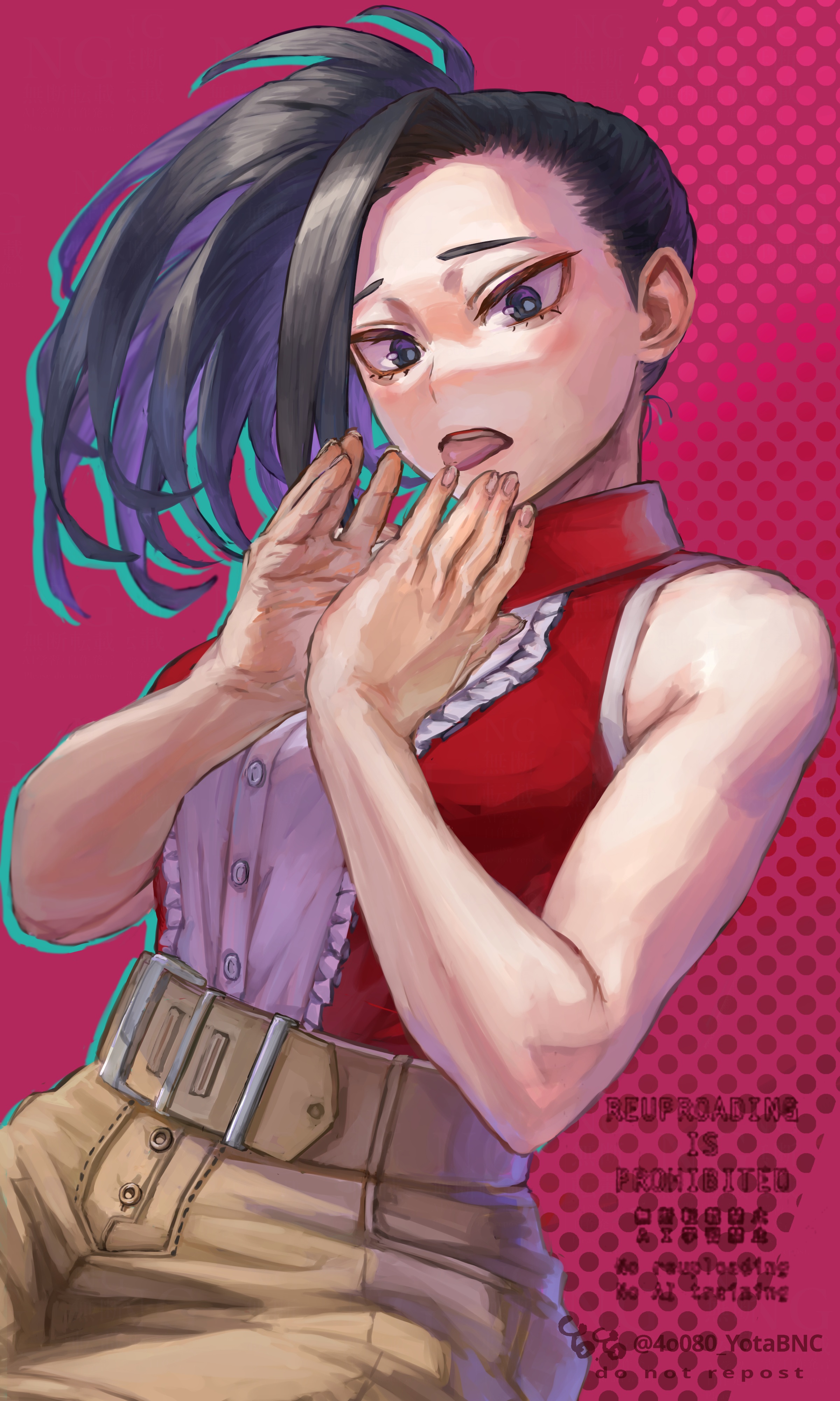 yomoyama yotabanashi, yaoyorozu momo, boku no hero academia, absurdres, highres, 1girl, belt, black eyes, black hair, blush, breasts, buttons, large breasts, pants, pink background, ponytail, red shirt, shirt, single sidelock, tongue, tongue out