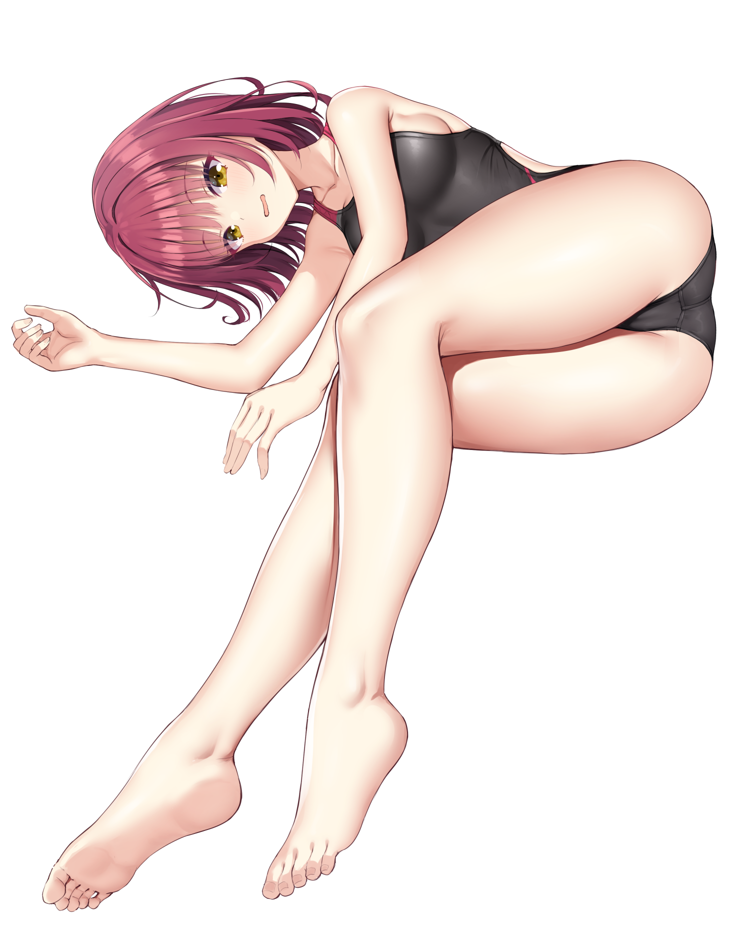 ncontrail (mgax7527), limelight lemonade jam, commentary request, highres, 1girl, alternate costume, ass, bare legs, barefoot, black one-piece swimsuit, breasts, brown eyes, competition swimsuit, feet, full body, futamihara ririko, highleg, highleg one-piece swimsuit, legs, looking at viewer, lying, medium breasts, nesoberi, on side, one-piece swimsuit, red eyes, short hair, simple background, soles, solo, swimsuit, thighs, toes, white background, yellow eyes