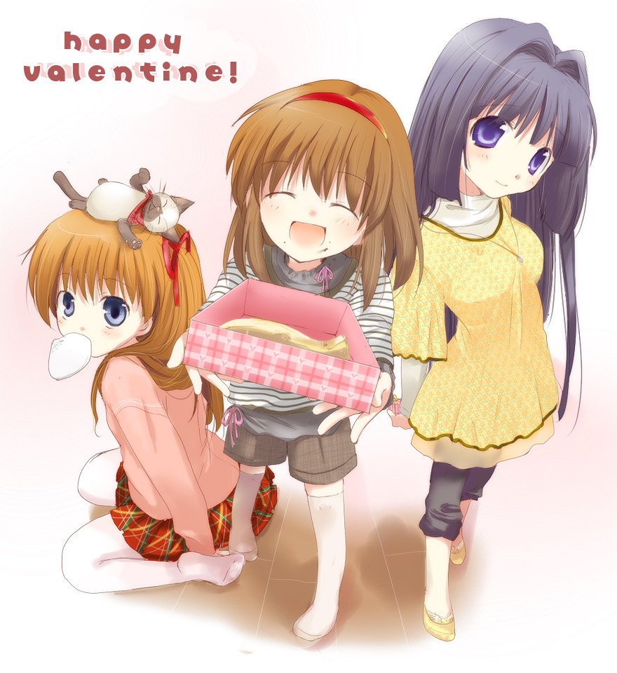 kayune niu, kayuumi, minase nayuki, piro, sawatari makoto, tsukimiya ayu, kanon, 3girls, animal, animal on head, blue eyes, blue hair, box, brown hair, cat, cat on head, closed eyes, food, hairband, happy valentine, jewelry, long hair, mouth hold, multiple girls, necklace, on head, orange hair, purple eyes, short hair, smile, steamed bun, taiyaki, twintails, valentine, wagashi