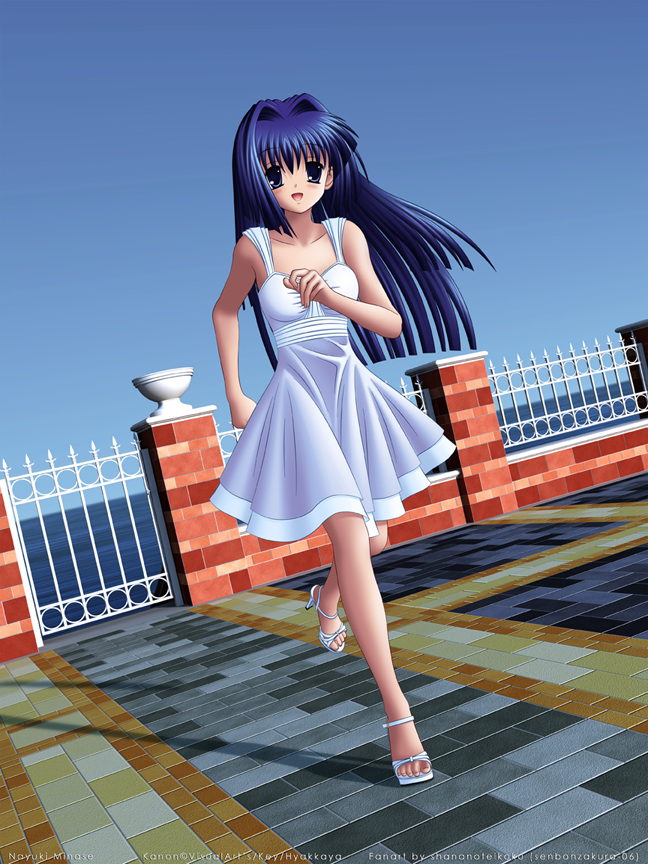 darklightseeker, minase nayuki, kanon, bad id, bad pixiv id, blue eyes, blue hair, dress, long hair, running, sandals, solo