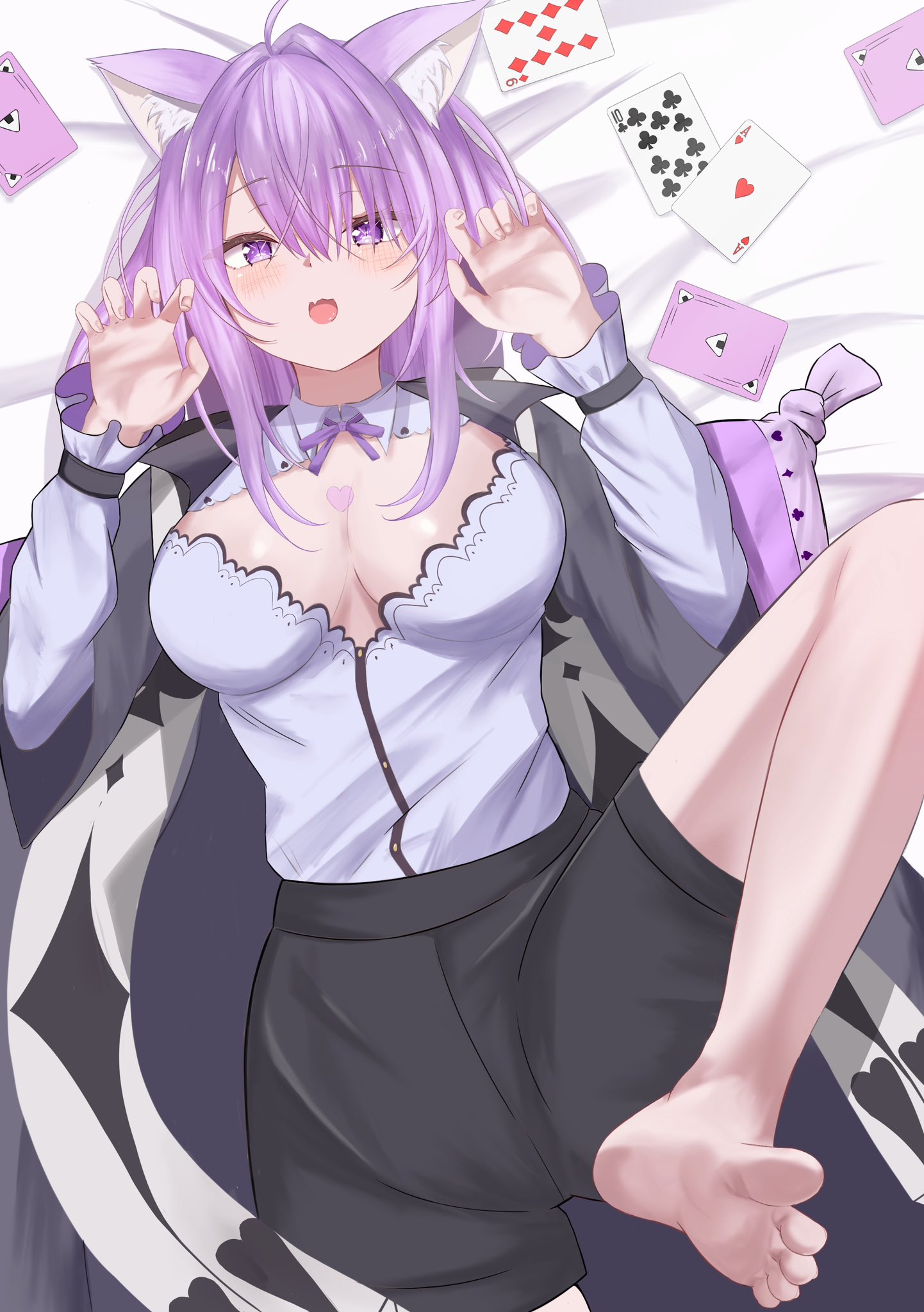 isanaisana, nekomata okayu, hololive, highres, 1girl, animal ears, barefoot, blush, card, cat ears, feet, long hair, looking at viewer, open mouth, playing card, purple eyes, purple hair, soles, toes