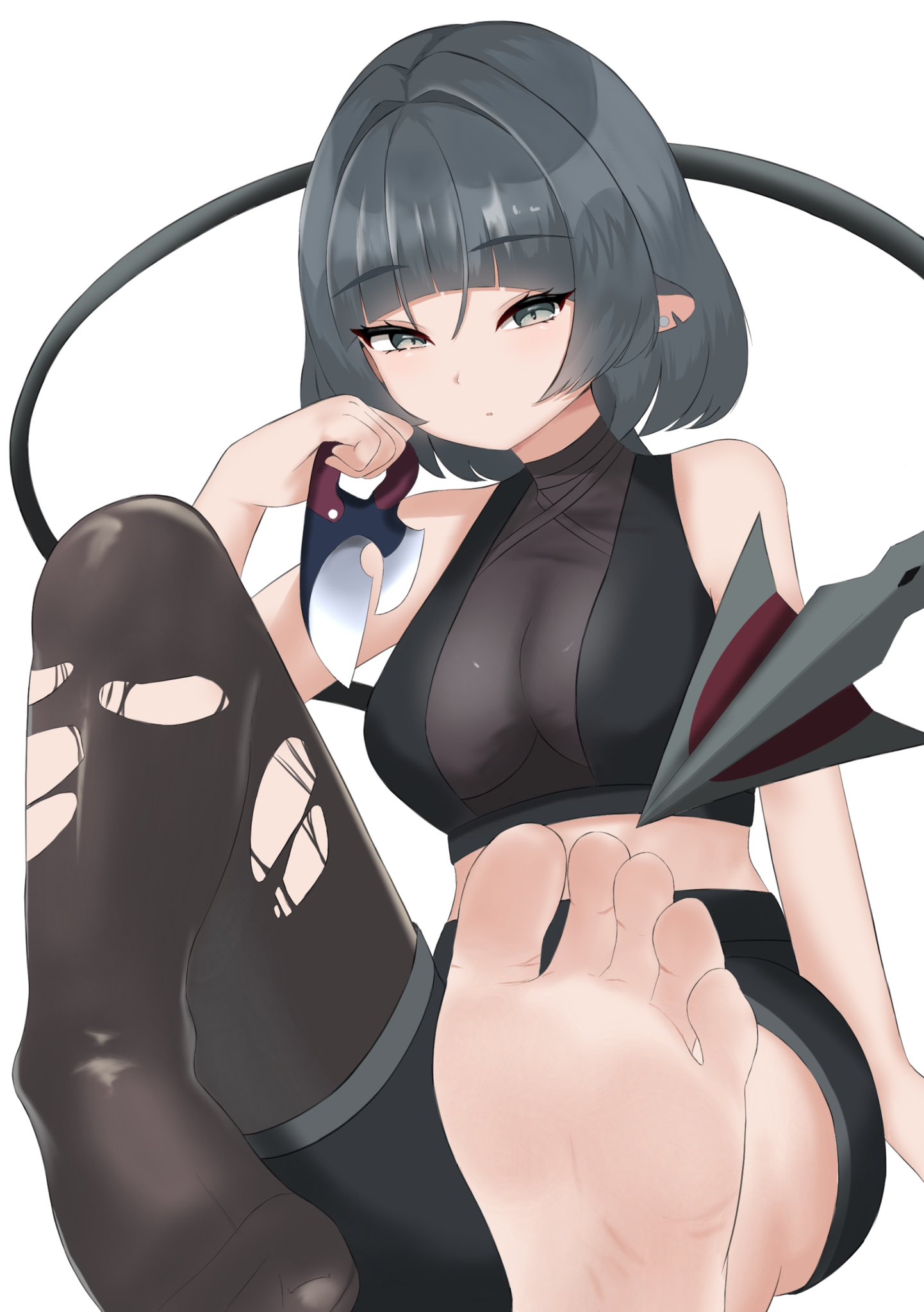 isanaisana, jane doe (zenless zone zero), zenless zone zero, highres, 1girl, animal ears, barefoot, black hair, feet, grey eyes, long hair, looking at viewer, single thighhigh, soles, tail, thighhighs, toes, torn clothes, torn thighhighs