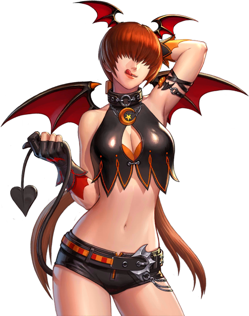 shermie (kof), the king of fighters, the king of fighters all-stars, 1girl, bat wings, breasts, cleavage cutout, clothing cutout, female focus, gloves, hair ornament, halloween, hand up, huge breasts, large breasts, latex, leather, long hair, pale skin, red hair, shorts, tail, thick thighs, thighs, tongue, tongue out, twintails, wide hips, wings