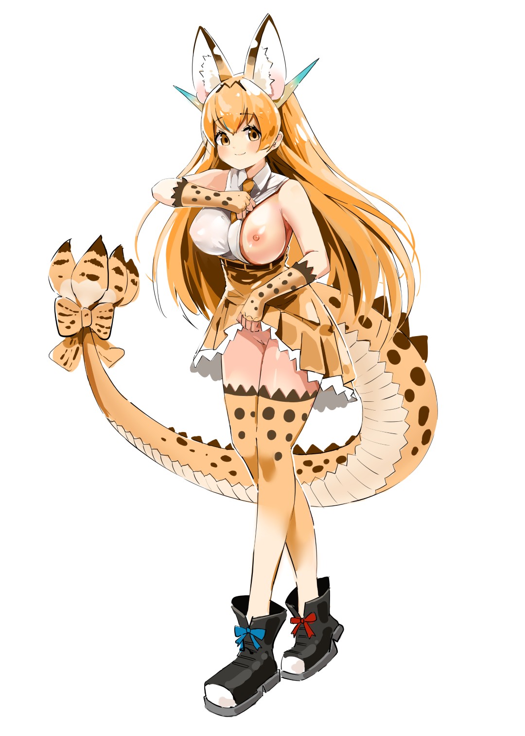 mappuri, kemono friends, kemono friends 3, highres, 1girl, alternate tail, animal ear fluff, animal ears, animal print, bare shoulders, black boots, blonde hair, blush, boots, bow, breasts, cat ears, cat girl, clothes lift, clothes pull, dragon girl, dragon horns, dragon serval (kemono friends), dragon tail, extra ears, fingerless gloves, flashing, footwear ribbon, frilled gloves, frills, full body, gloves, high-waist skirt, horns, large breasts, lifting own clothes, long hair, looking at viewer, multicolored horns, necktie, nipples, no bra, no panties, one breast out, print gloves, print thighhighs, pussy, rainbow horns, shirt, skirt, skirt lift, sleeveless, smile, solo, standing, tail, tail bow, tail ornament, thighhighs, white background, white shirt, yellow eyes, yellow gloves, yellow necktie, yellow skirt, yellow thighhighs