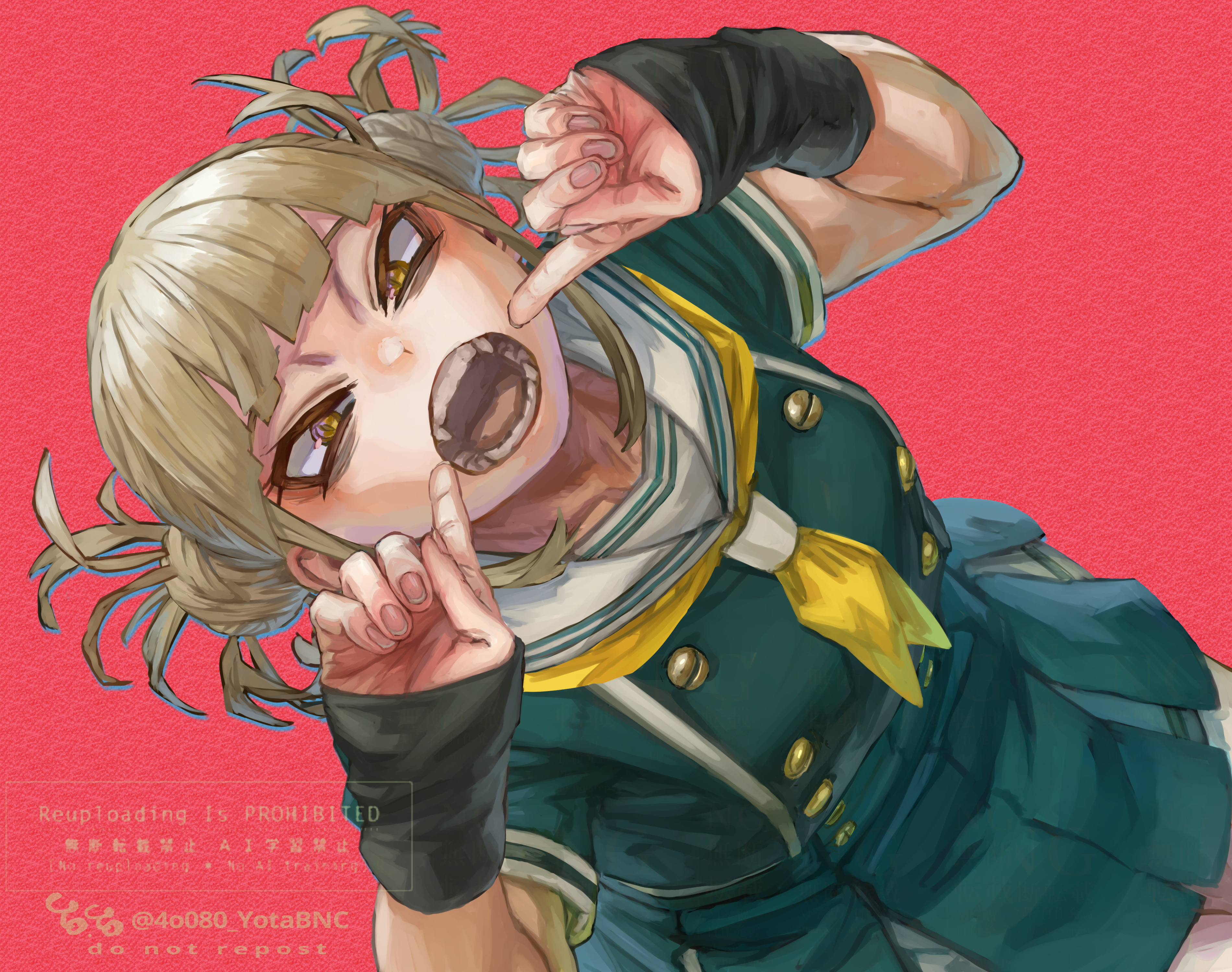 yomoyama yotabanashi, toga himiko, boku no hero academia, absurdres, highres, 1girl, arm warmers, blonde hair, double bun, dress, green dress, hair bun, messy hair, open mouth, pleated skirt, red background, school uniform, sharp teeth, skirt, teeth, yellow eyes