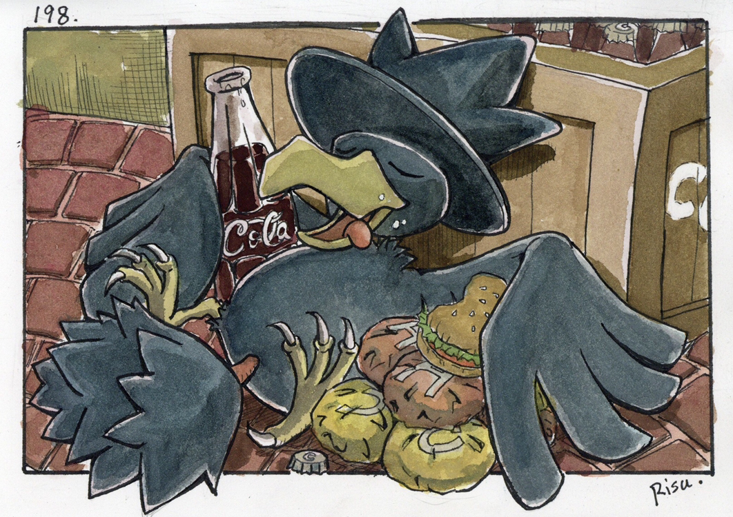 risu ishii, murkrow, coca-cola, nintendo, pokemon, artist name, bird, bottle, box, burger, food, gen 2 pokemon, no humans, open mouth, pokemon (creature), sleeping, tongue, tongue out